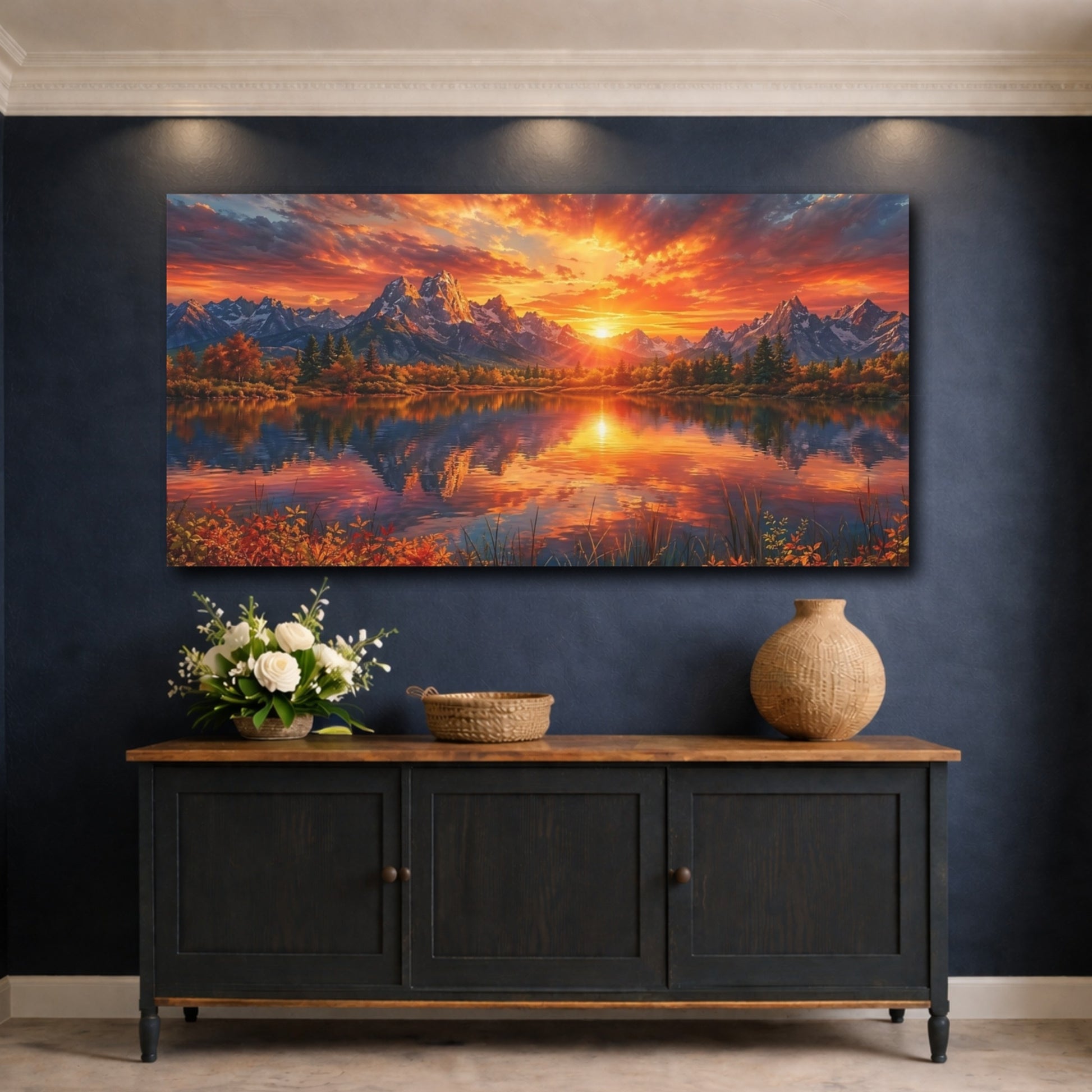 Mockup 4. Nature Lake Sunset Orange Sunset Lake shown as stretched canvas wall art