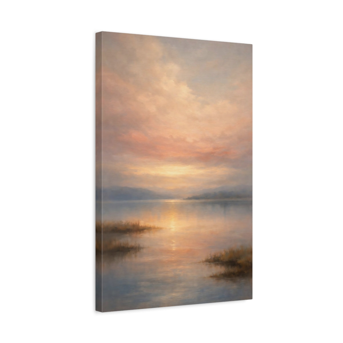 Side Mockup 3. Nature Lake Sunset Sunset Lake Pastel shown as stretched canvas wall art