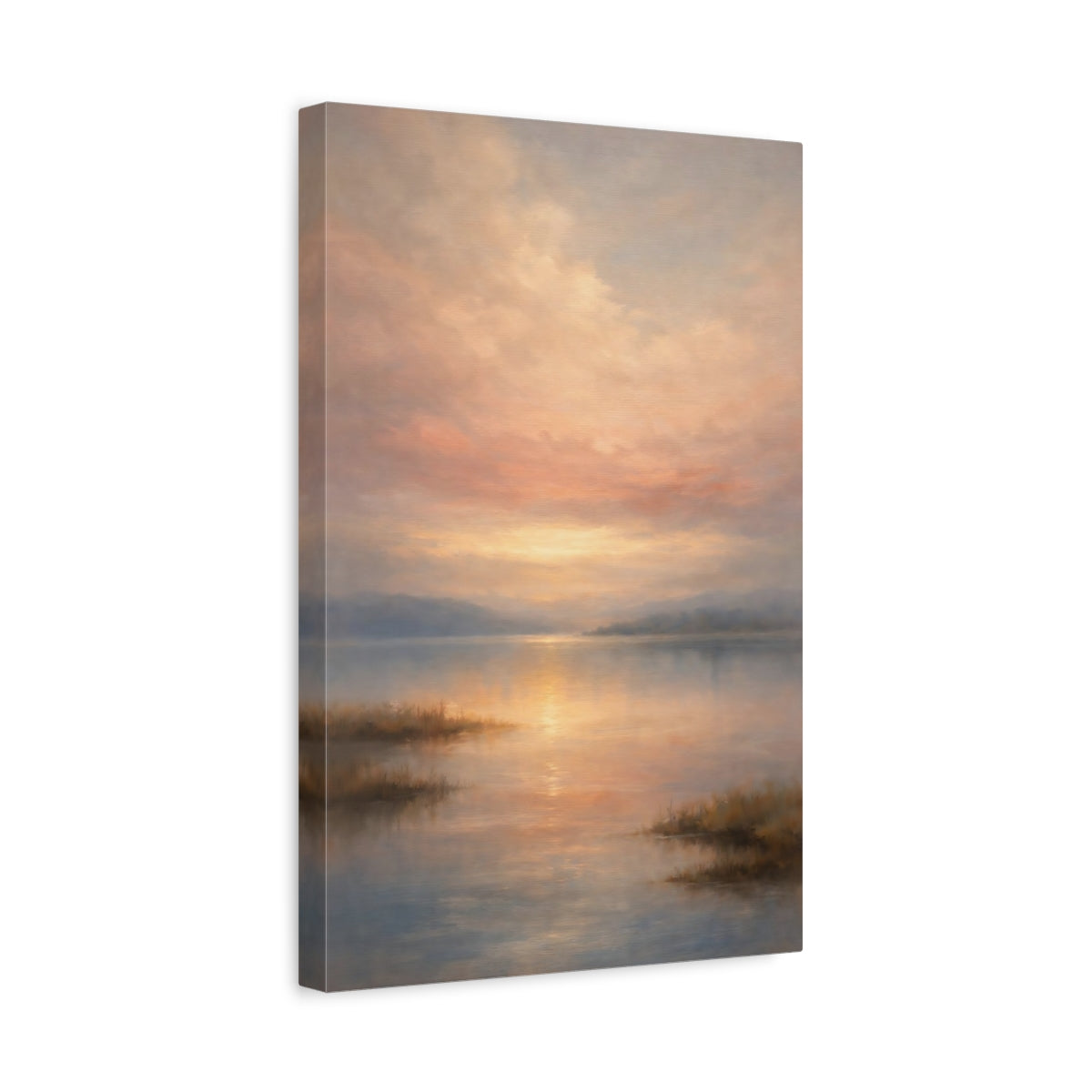 Side Mockup 4. Nature Lake Sunset Sunset Lake Pastel shown as stretched canvas wall art