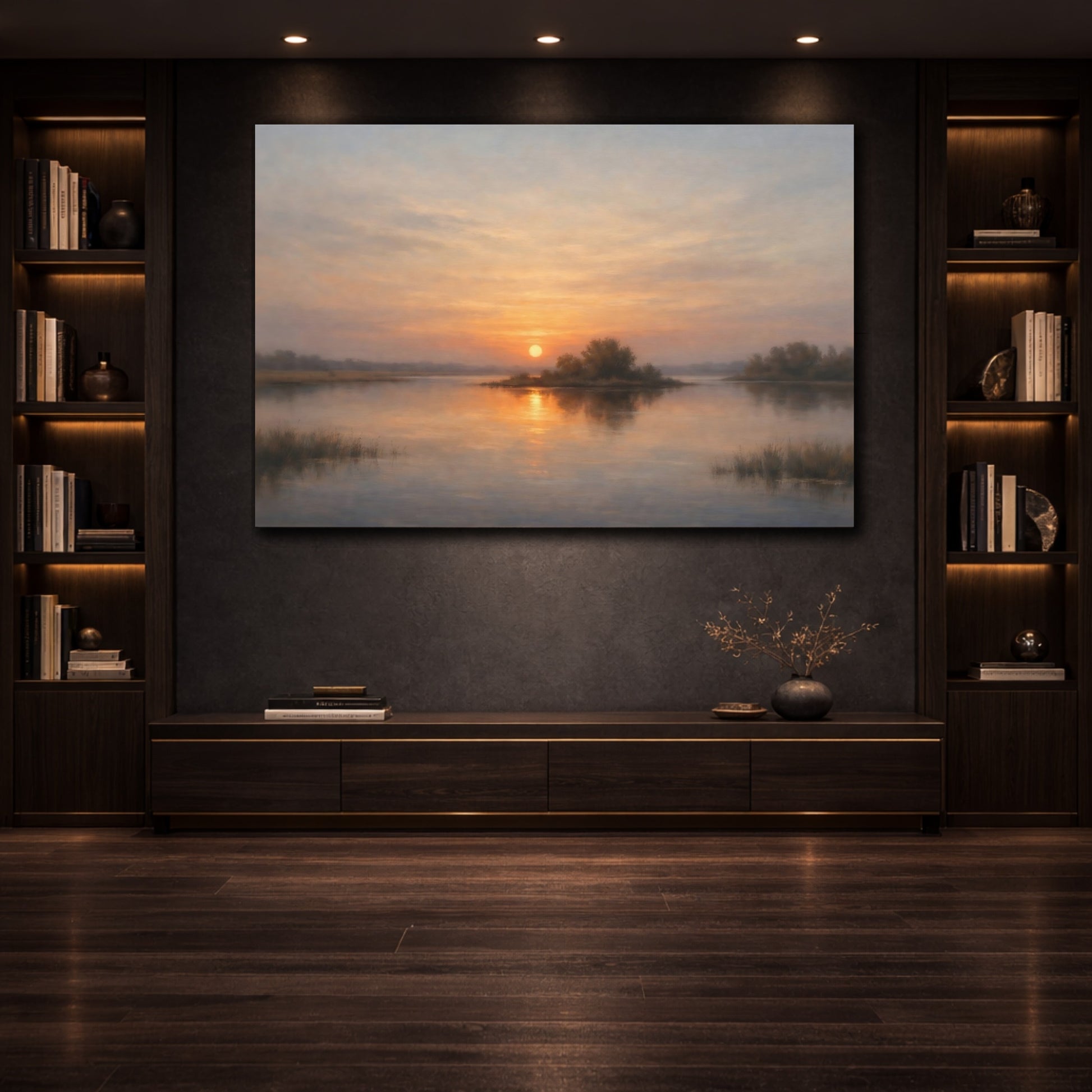 Mockup 3. Nature Lake Sunset Sunset Lake Landscape shown as stretched canvas wall art