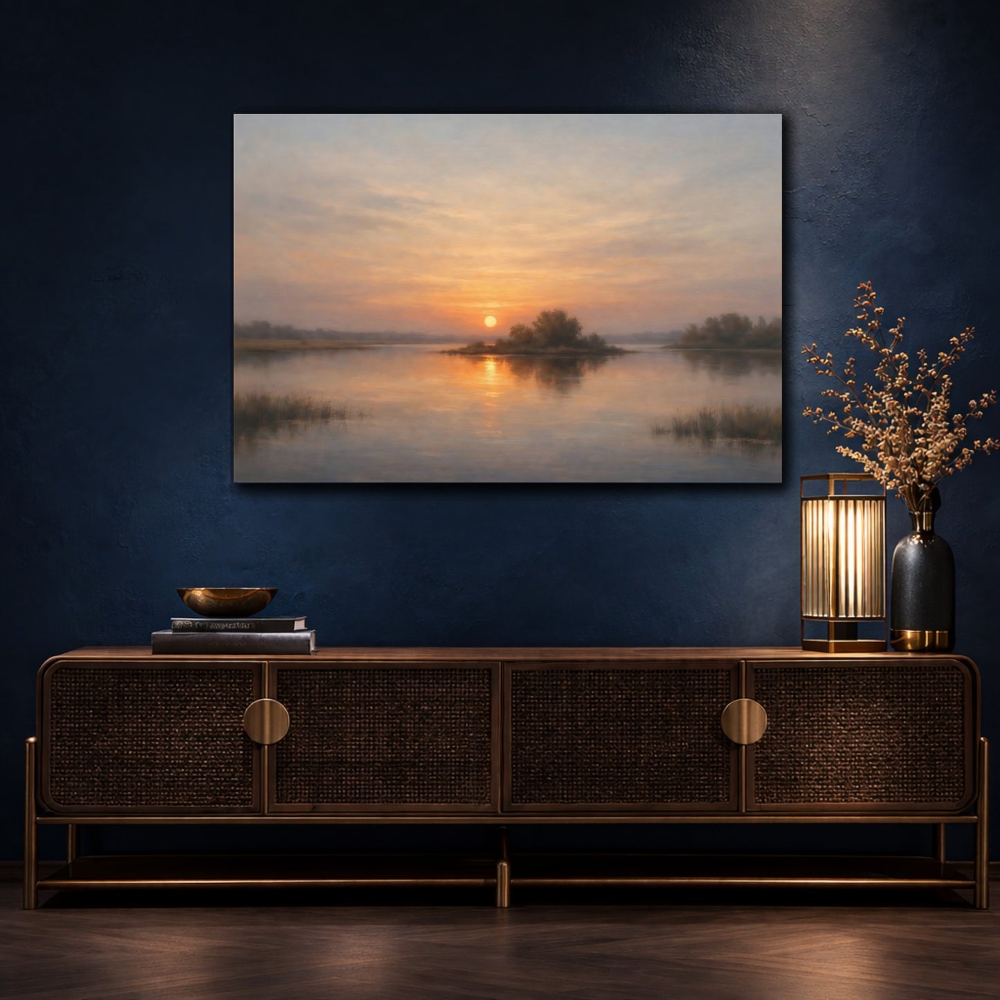 Mockup 4. Nature Lake Sunset Sunset Lake Landscape shown as stretched canvas wall art
