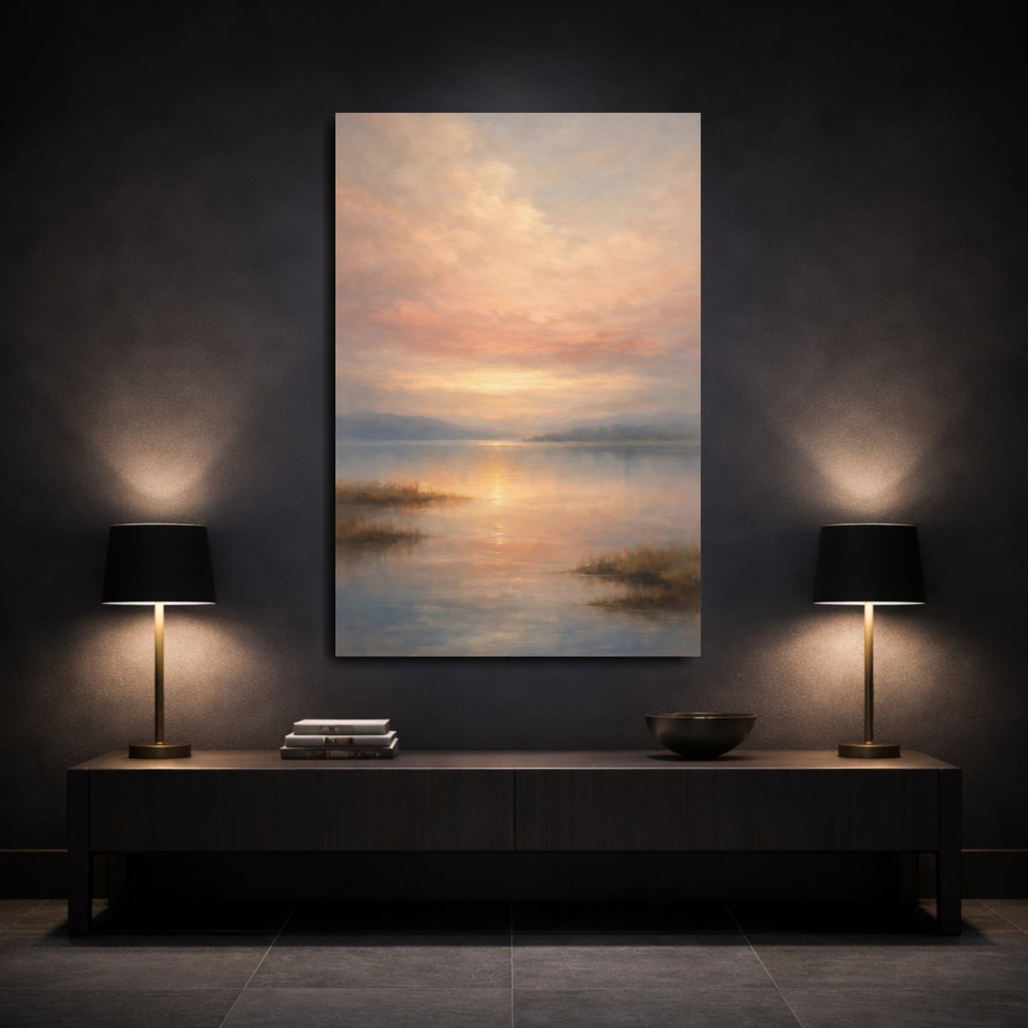 Mockup 2. Nature Lake Sunset Sunset Lake Pastel shown as stretched canvas wall art