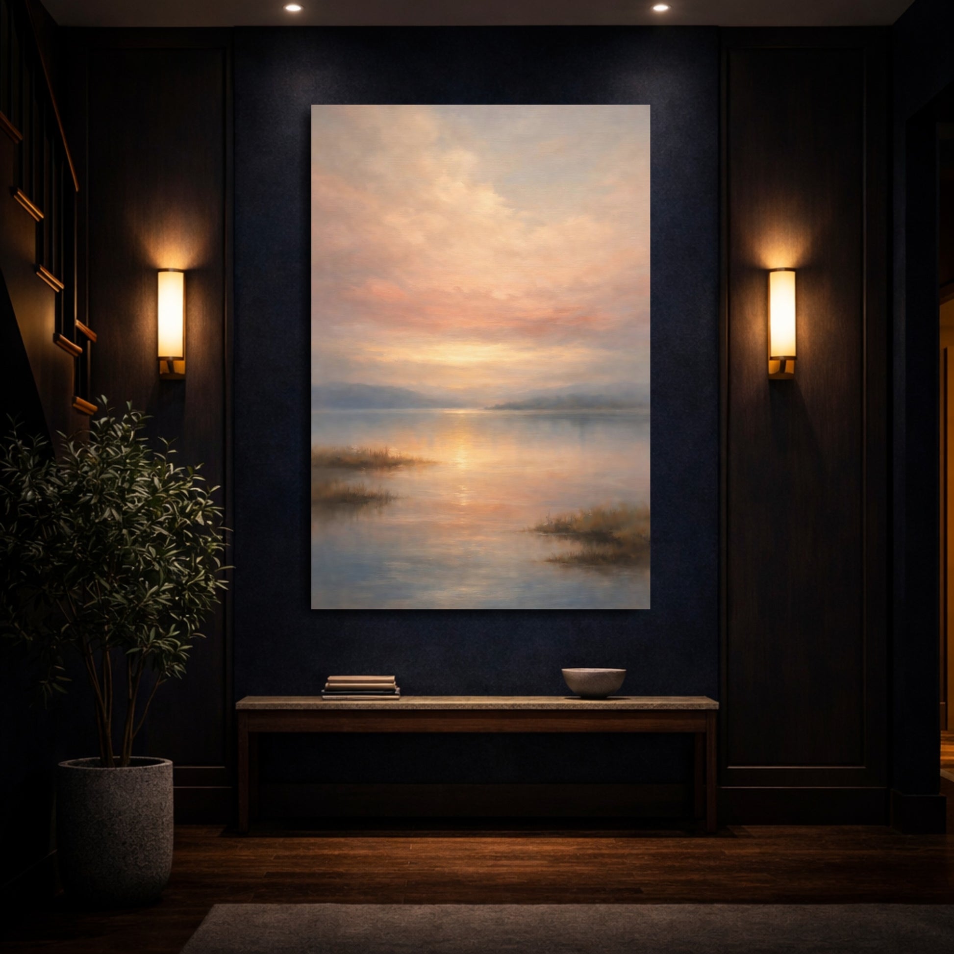 Mockup 3. Nature Lake Sunset Sunset Lake Pastel shown as stretched canvas wall art