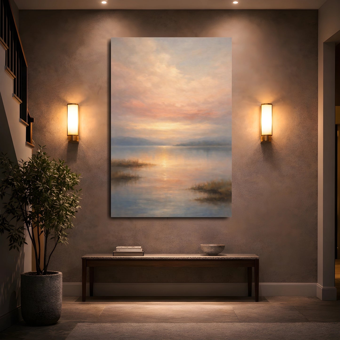 Mockup 4. Nature Lake Sunset Sunset Lake Pastel shown as stretched canvas wall art