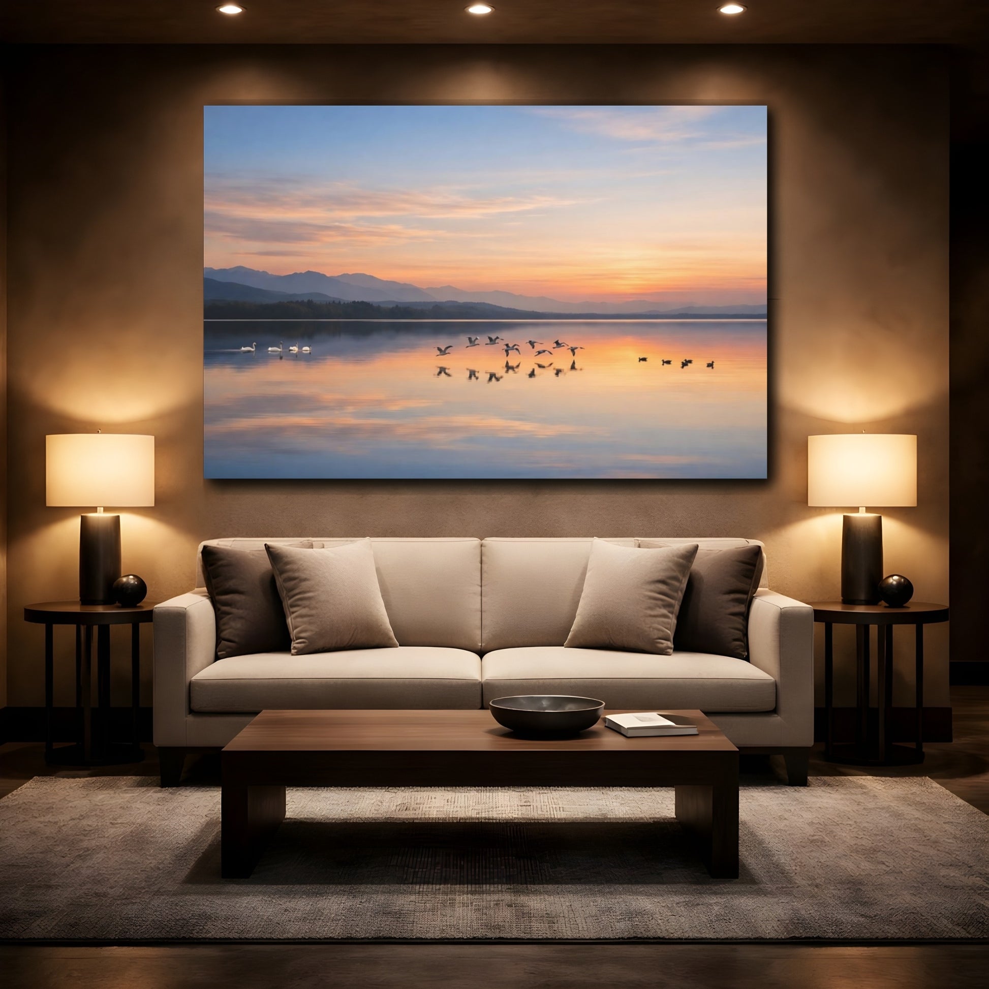 Mockup 2. Nature Lake Sunset Sunset Lake shown as stretched canvas wall art