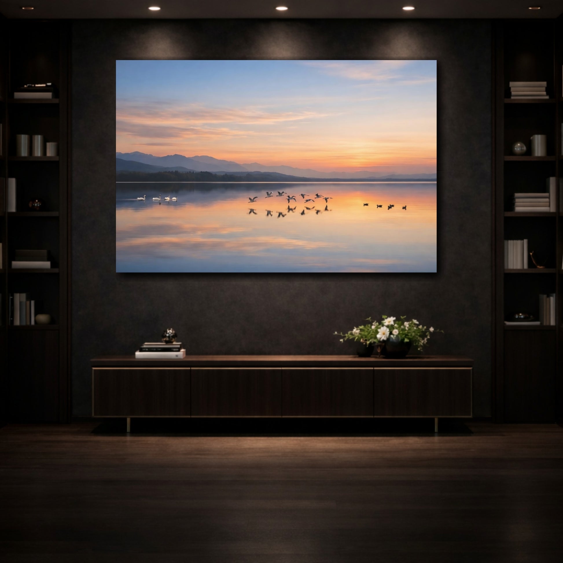 Mockup 3. Nature Lake Sunset Sunset Lake shown as stretched canvas wall art