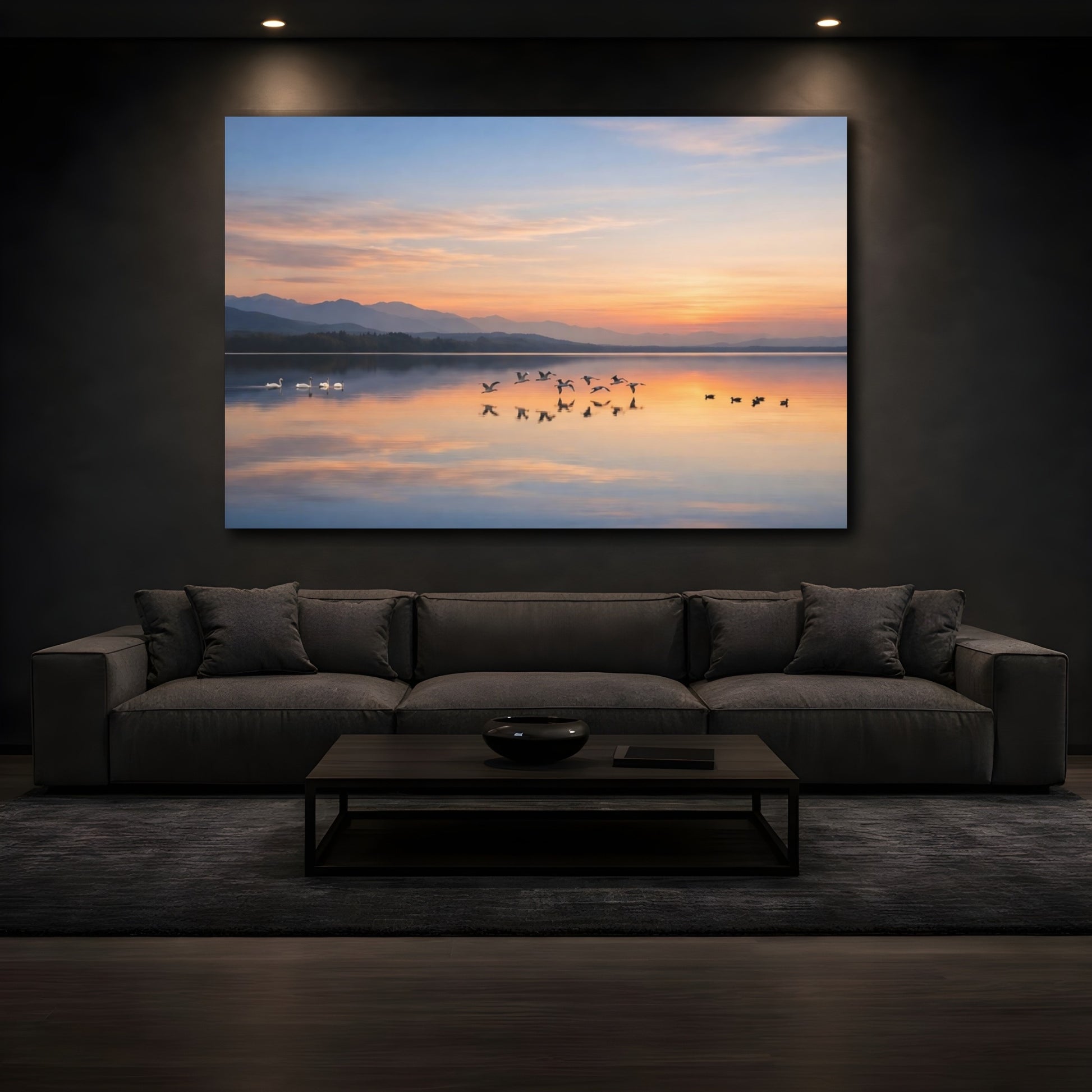 Mockup 4. Nature Lake Sunset Sunset Lake shown as stretched canvas wall art