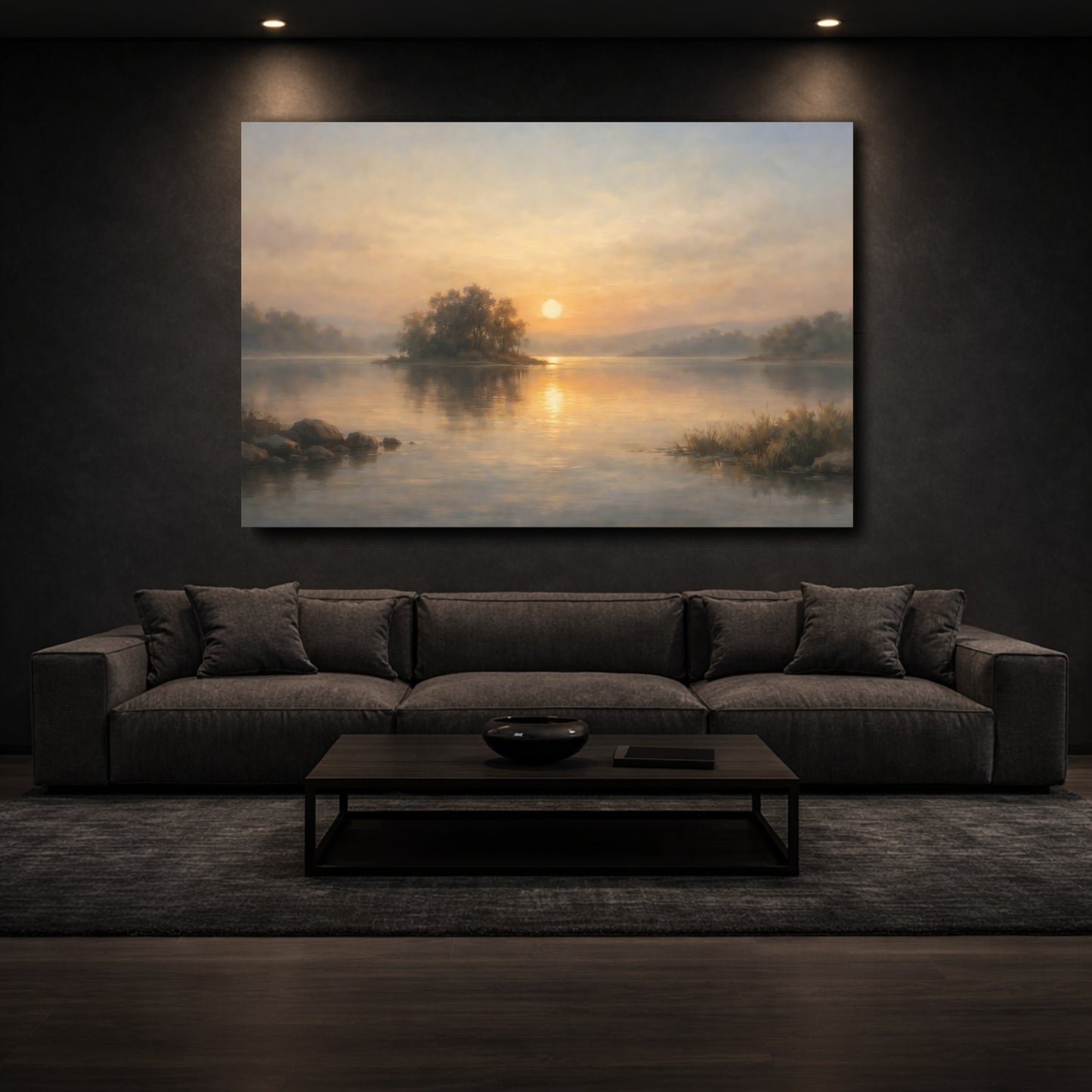 Mockup 2. Nature Lake Sunset Sunset Lake View shown as stretched canvas wall art