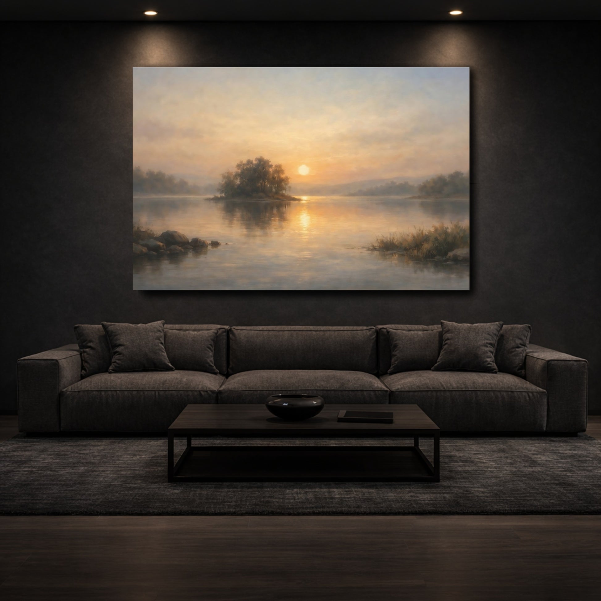Mockup 2. Nature Lake Sunset Sunset Lake View shown as stretched canvas wall art