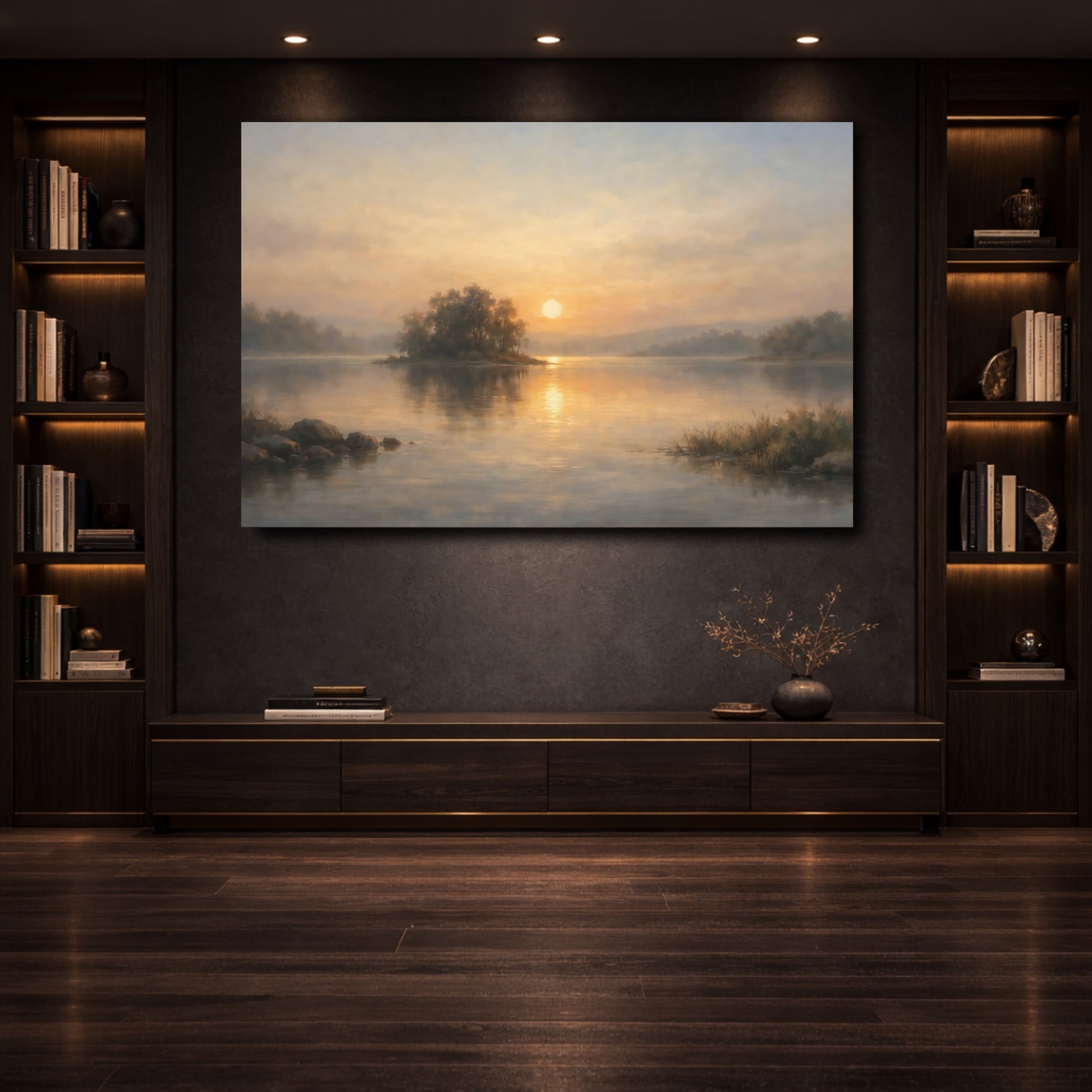 Mockup 3. Nature Lake Sunset Sunset Lake View shown as stretched canvas wall art