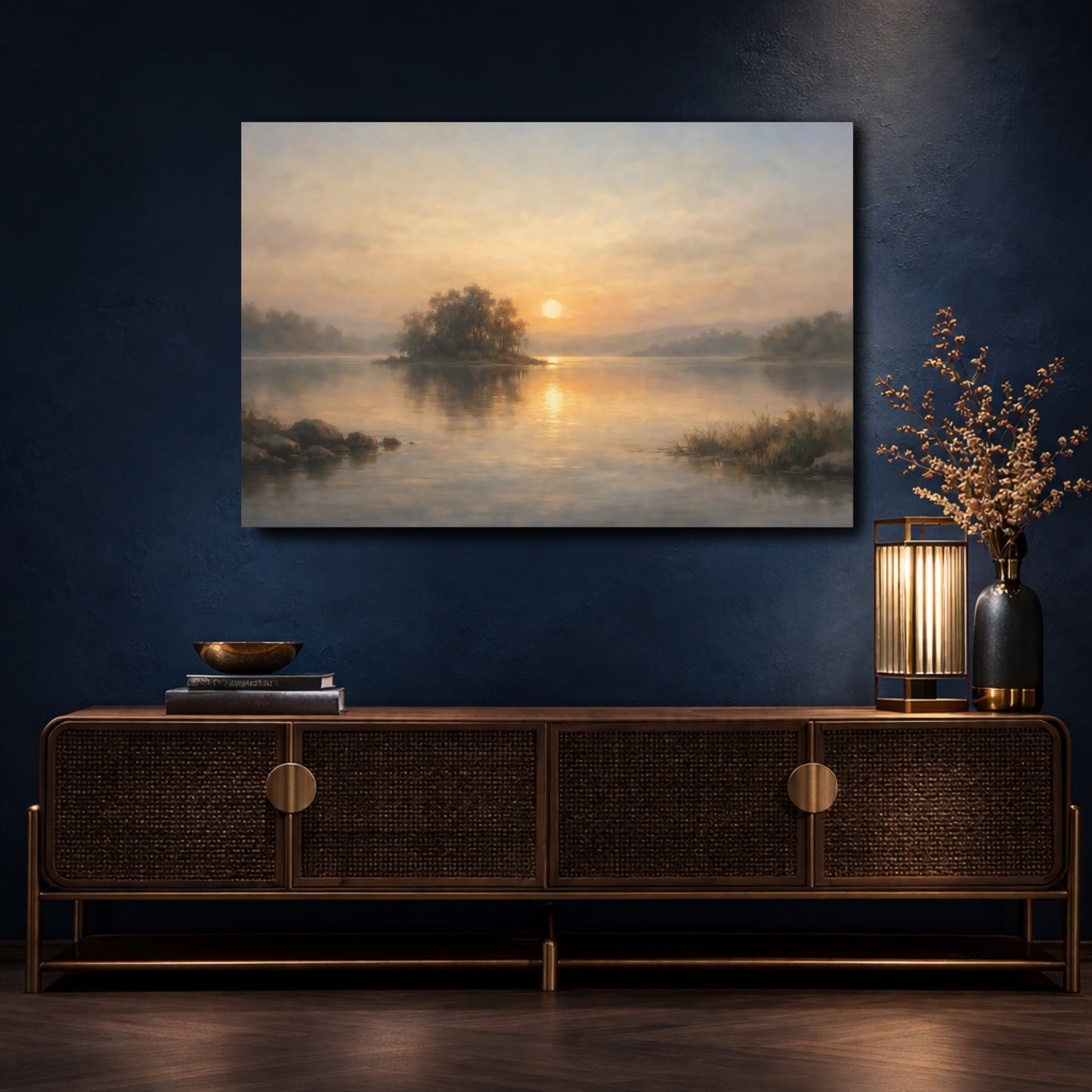 Mockup 4. Nature Lake Sunset Sunset Lake View shown as stretched canvas wall art