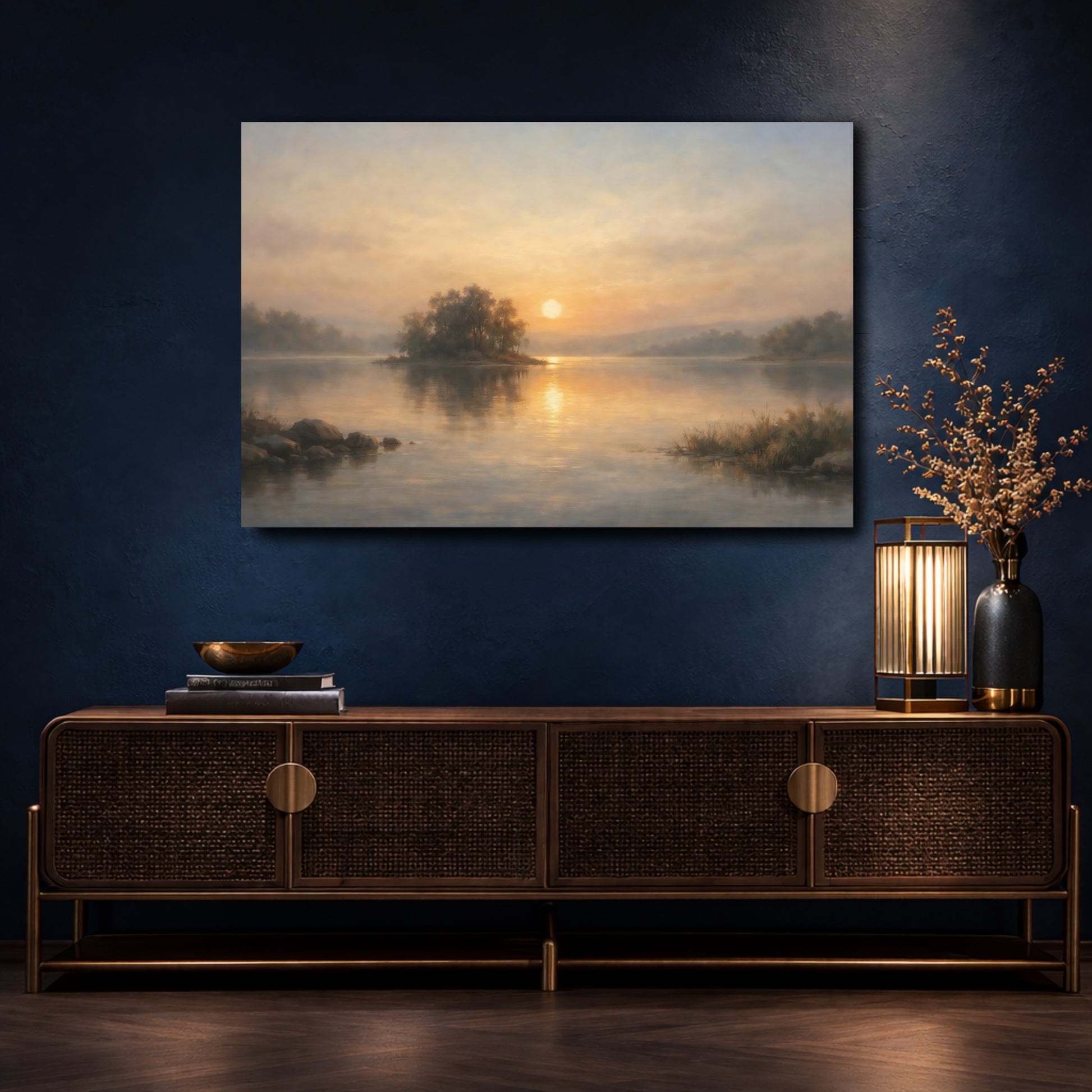Mockup 4. Nature Lake Sunset Sunset Lake View shown as stretched canvas wall art
