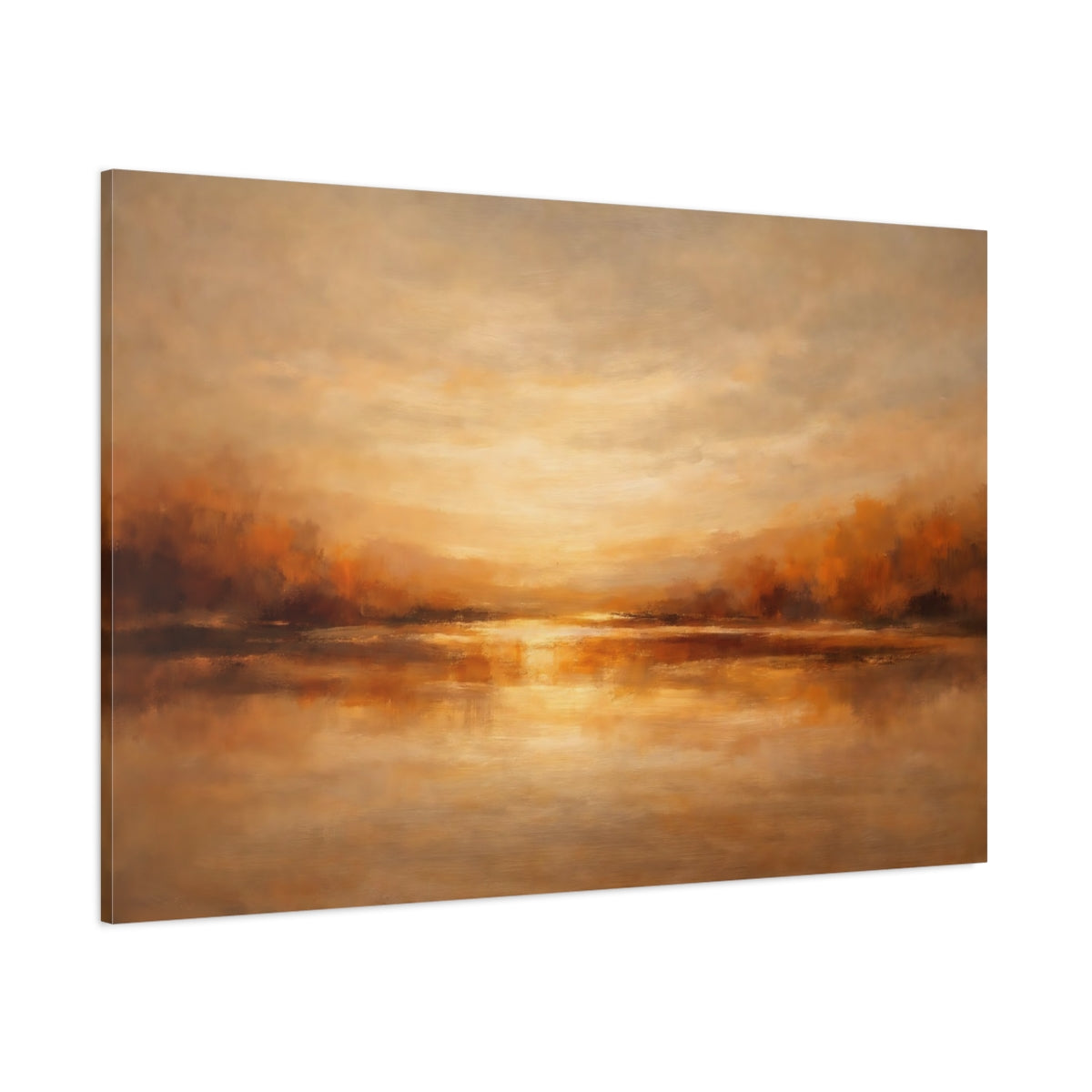 Main Mockup. Nature Lake Sunset Warm Landscape shown as stretched canvas wall art