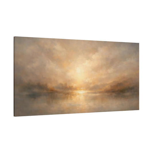 Main Mockup. Nature Lake Sunset Warm Landscape shown as stretched canvas wall art