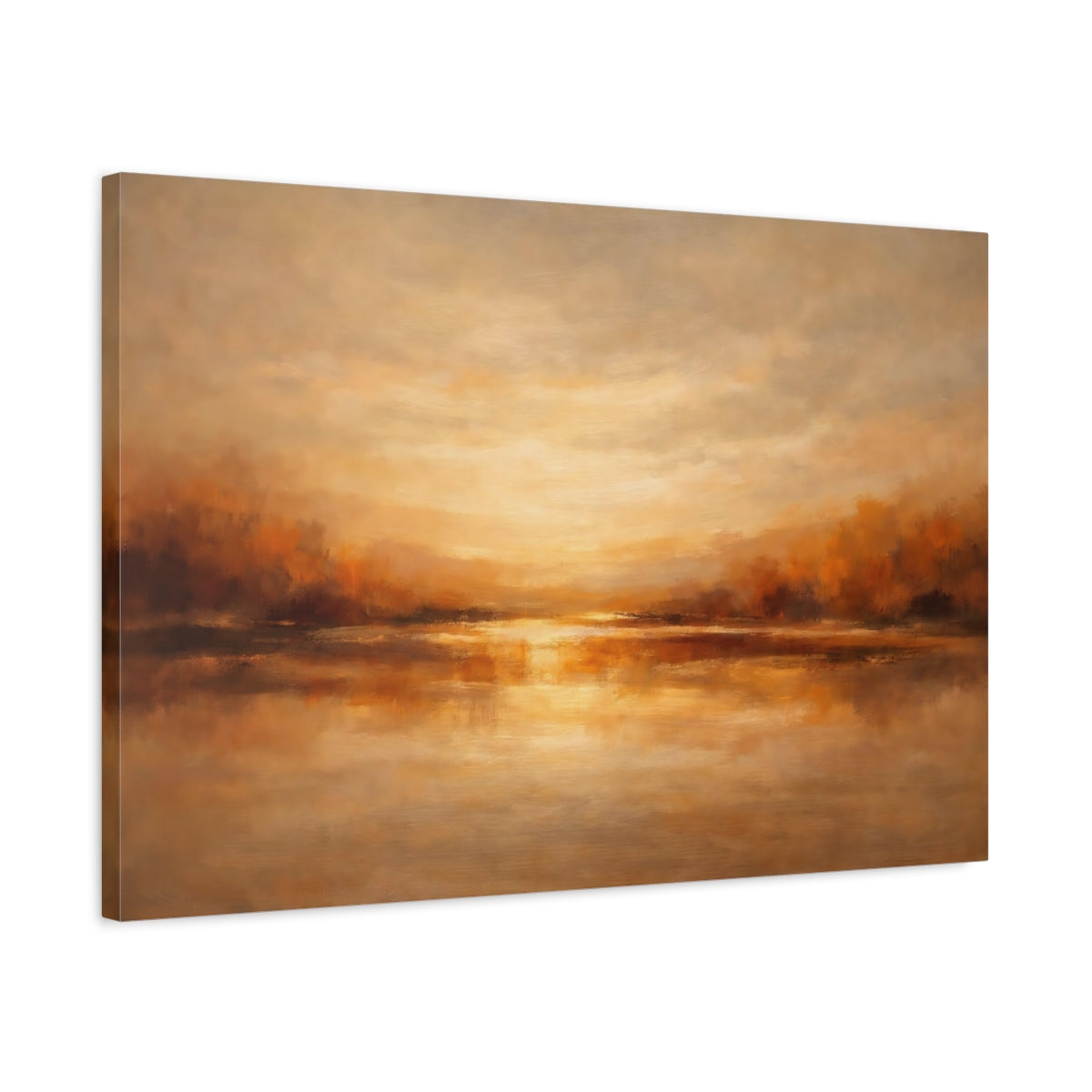 Side Mockup 2. Nature Lake Sunset Warm Landscape shown as stretched canvas wall art