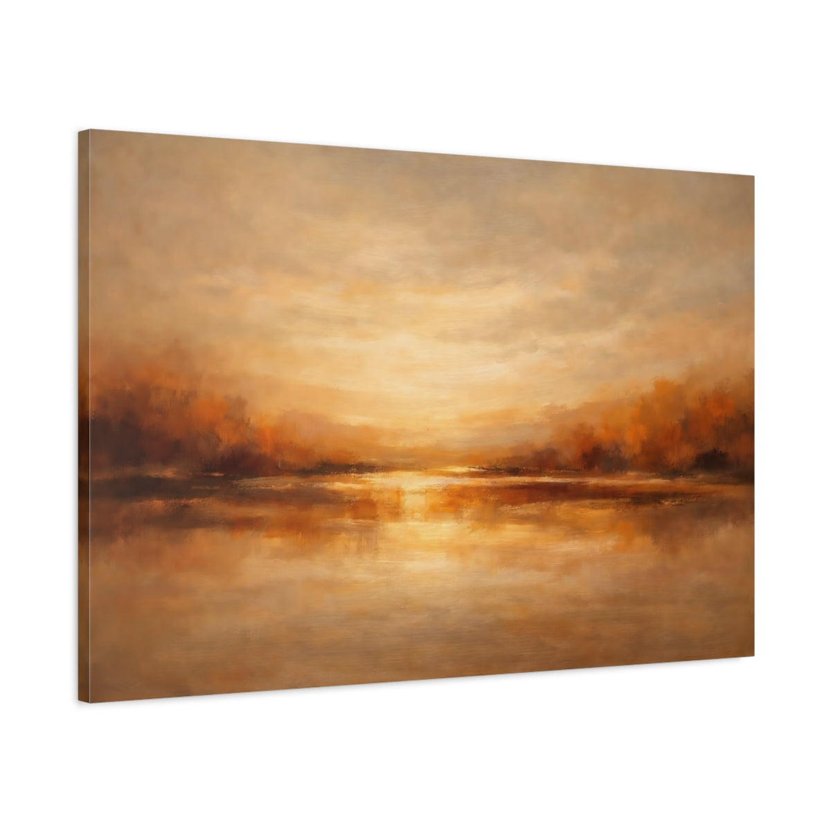 Side Mockup 1. Nature Lake Sunset Warm Landscape shown as stretched canvas wall art