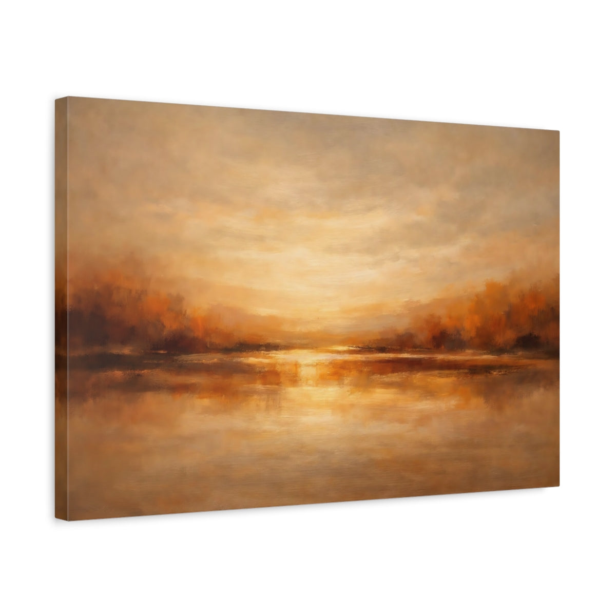 Side Mockup 3. Nature Lake Sunset Warm Landscape shown as stretched canvas wall art