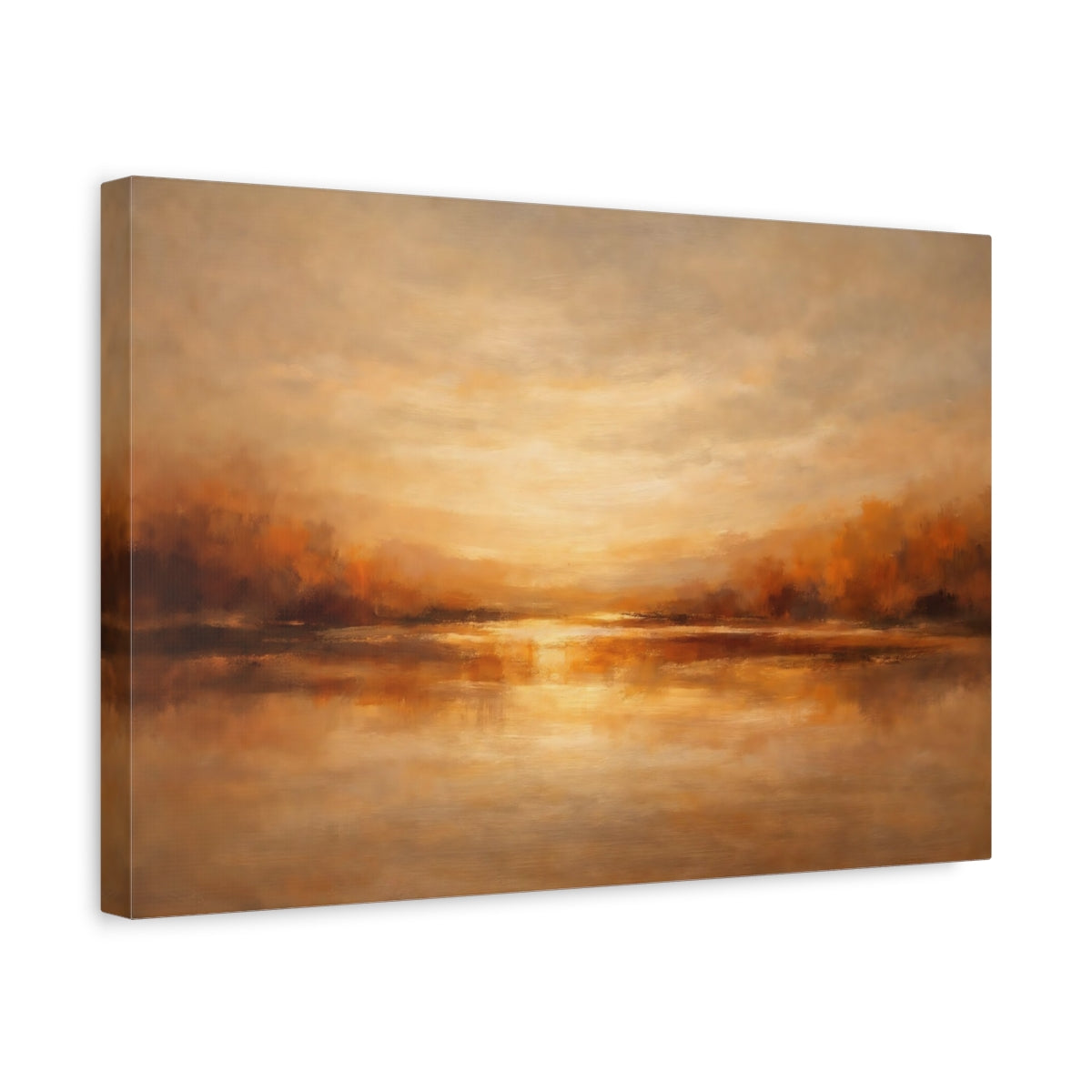 Side Mockup 4. Nature Lake Sunset Warm Landscape shown as stretched canvas wall art