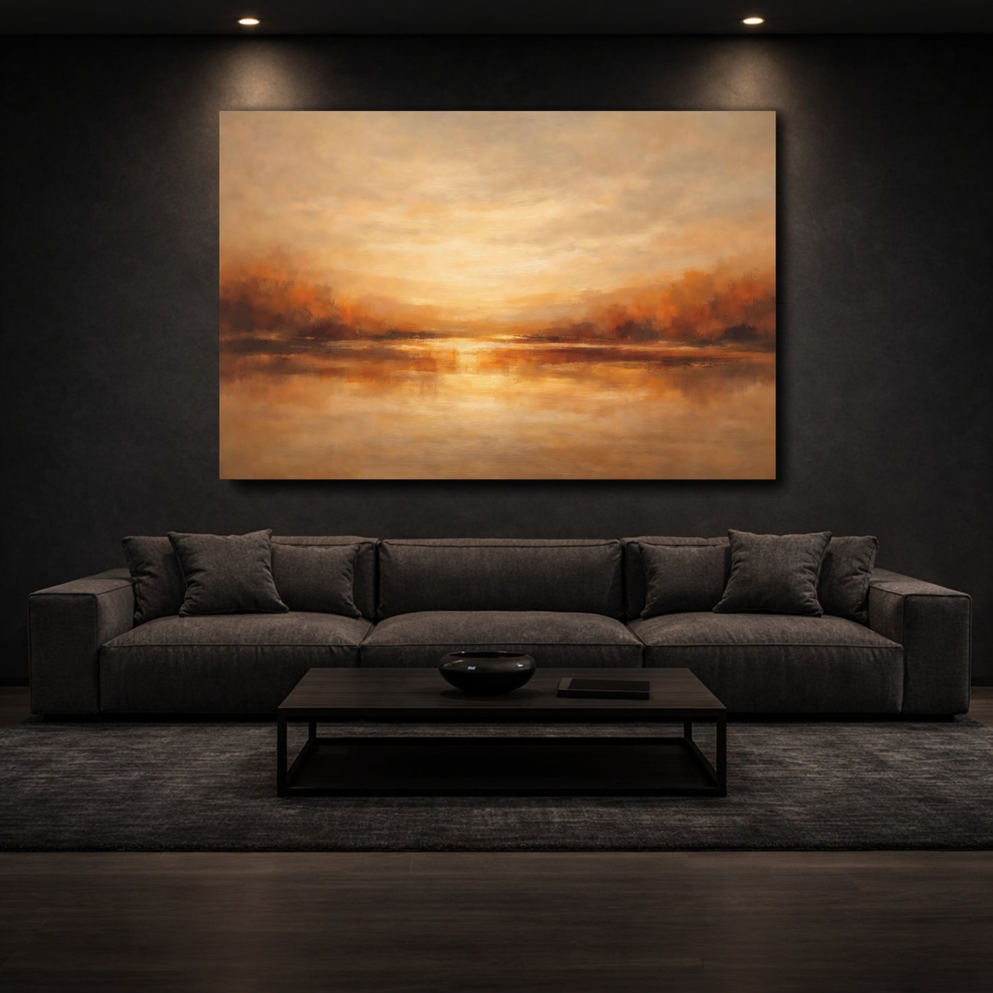 Mockup 2. Nature Lake Sunset Warm Landscape shown as stretched canvas wall art