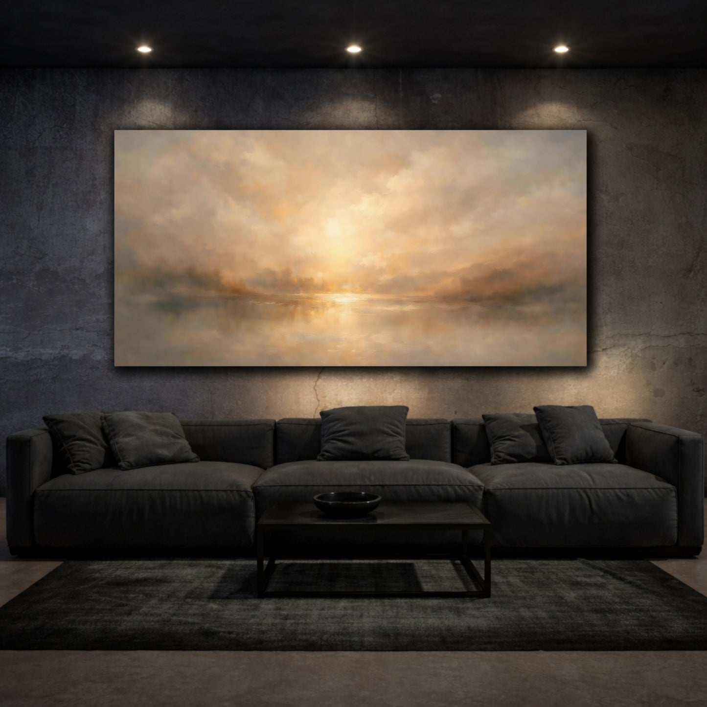 Mockup 2. Nature Lake Sunset Warm Landscape shown as stretched canvas wall art