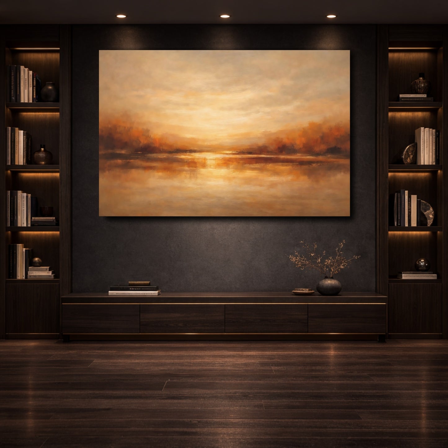 Mockup 3. Nature Lake Sunset Warm Landscape shown as stretched canvas wall art