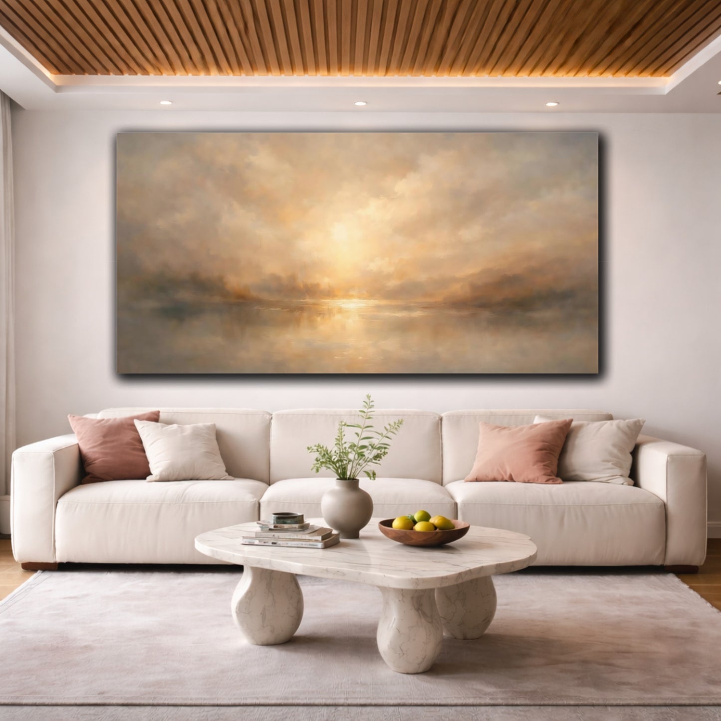 Mockup 3. Nature Lake Sunset Warm Landscape shown as stretched canvas wall art
