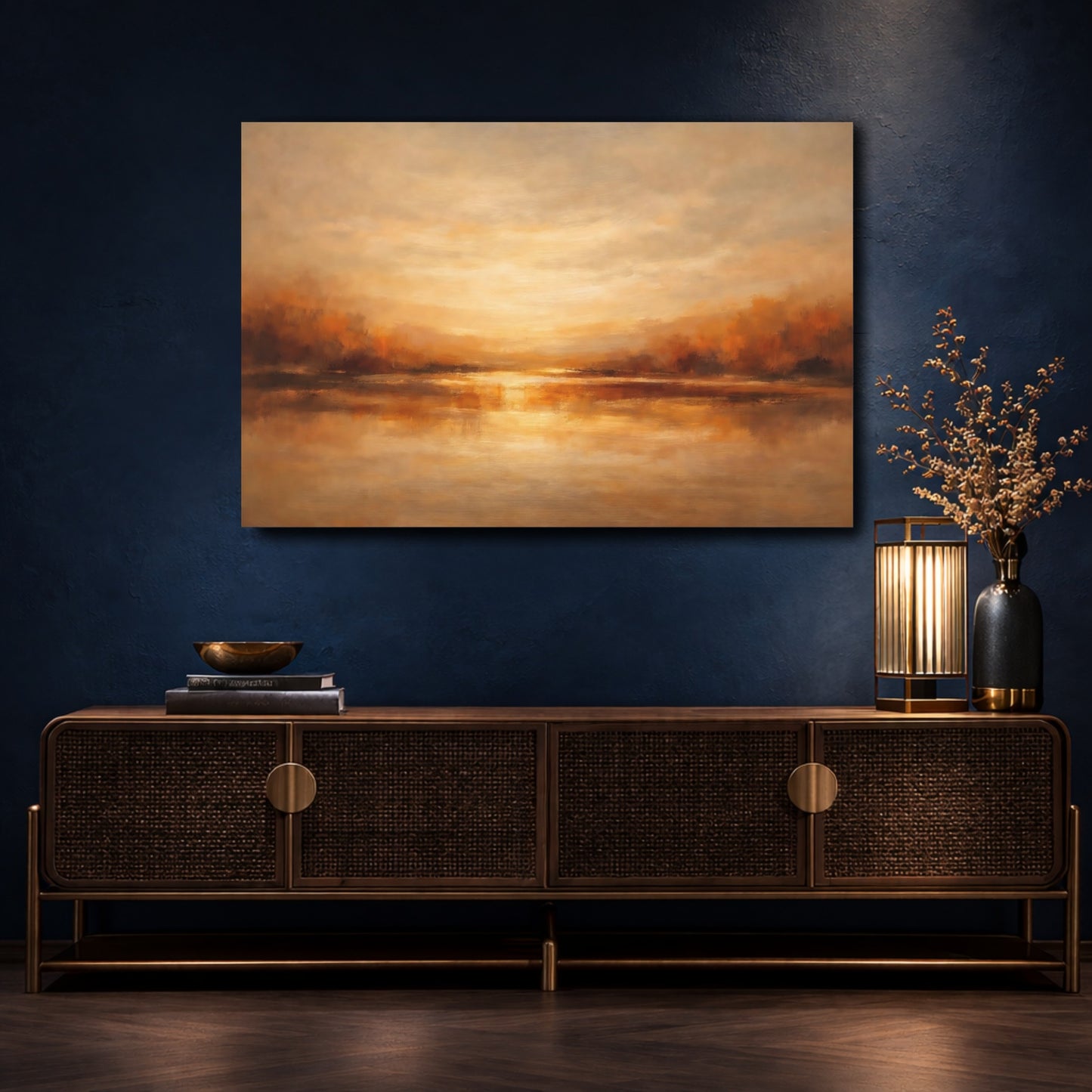 Mockup 4. Nature Lake Sunset Warm Landscape shown as stretched canvas wall art