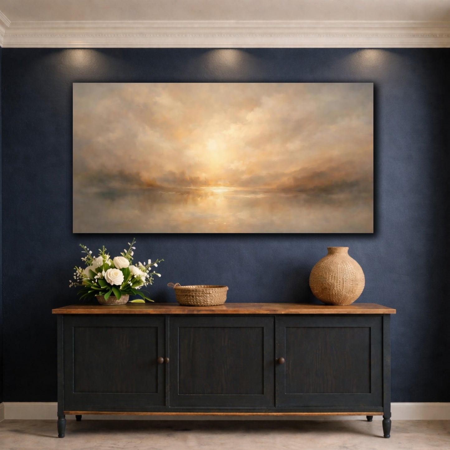 Mockup 4. Nature Lake Sunset Warm Landscape shown as stretched canvas wall art