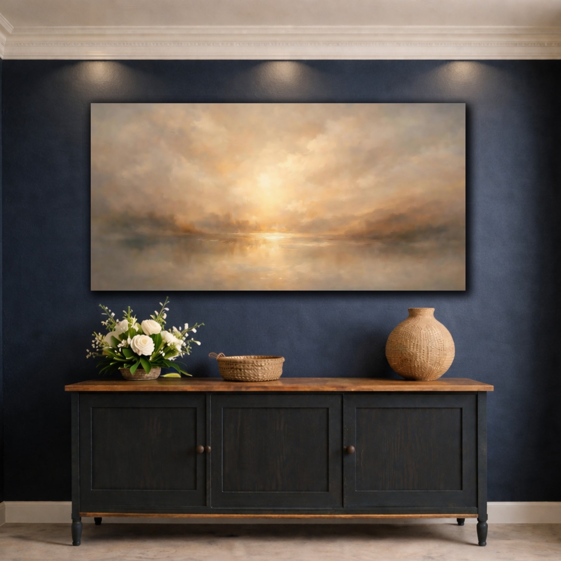 Mockup 4. Nature Lake Sunset Warm Landscape shown as stretched canvas wall art