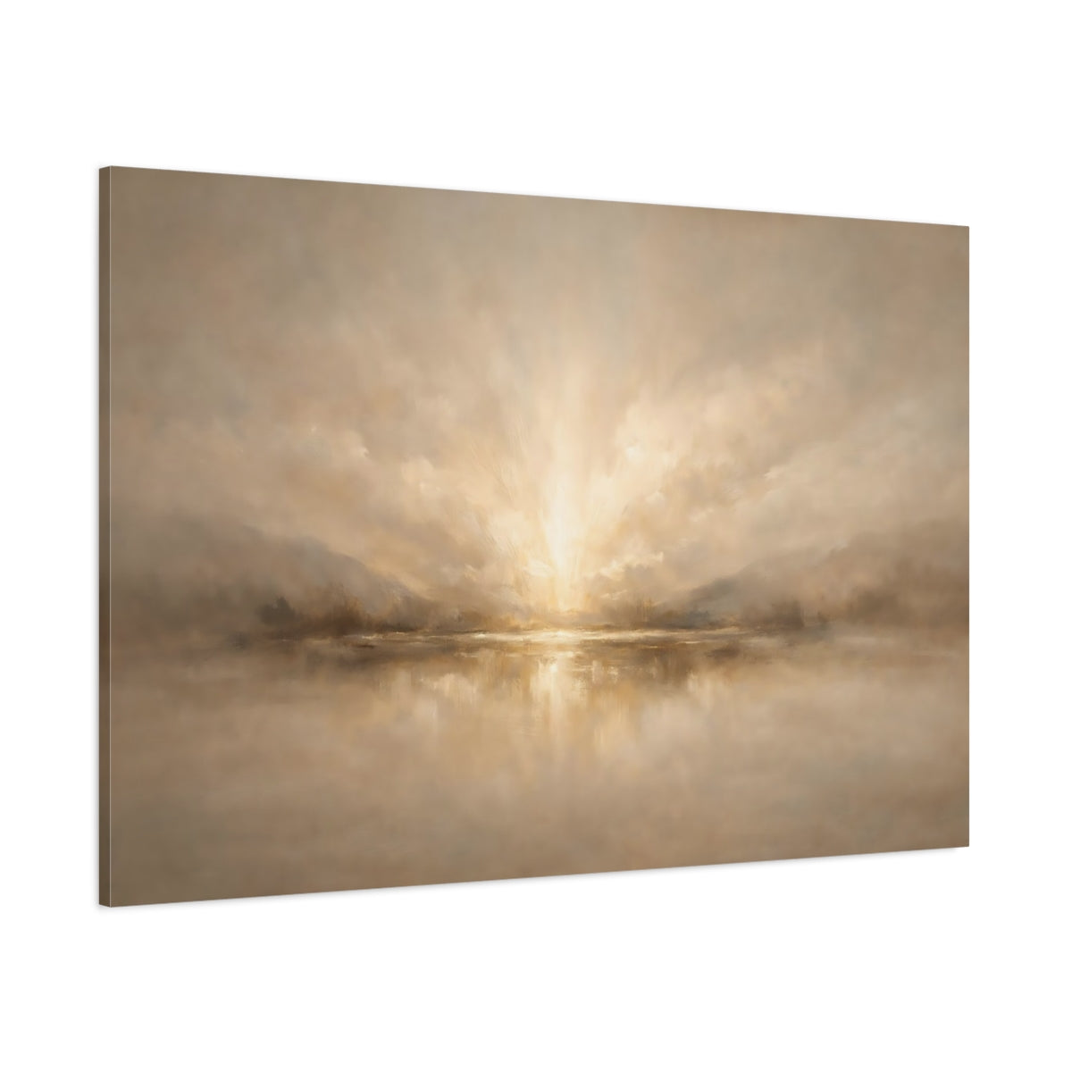 Main Mockup. Nature Lake Sunset Warm Neutral Landscape shown as stretched canvas wall art