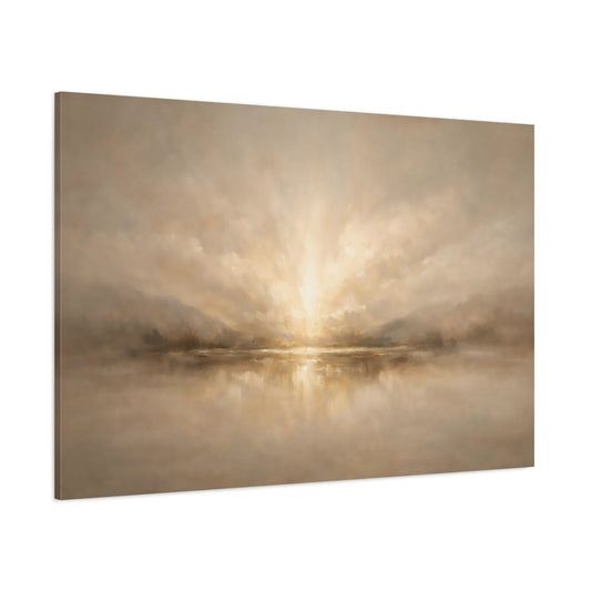 Main Mockup. Nature Lake Sunset Warm Neutral Landscape shown as stretched canvas wall art