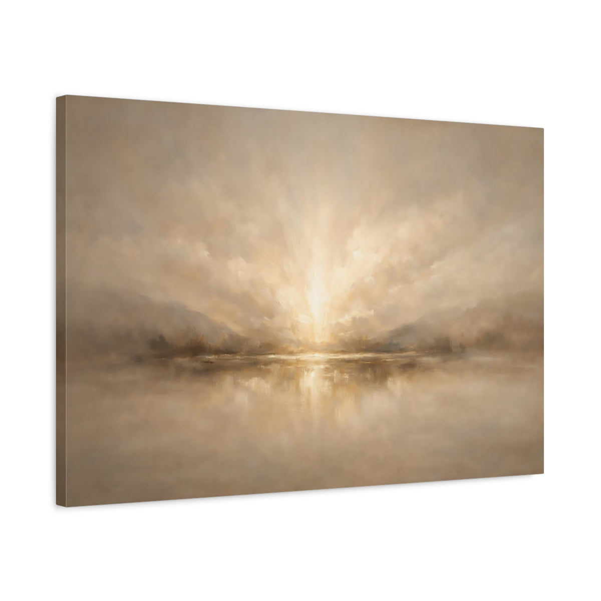 Side Mockup 2. Nature Lake Sunset Warm Neutral Landscape shown as stretched canvas wall art