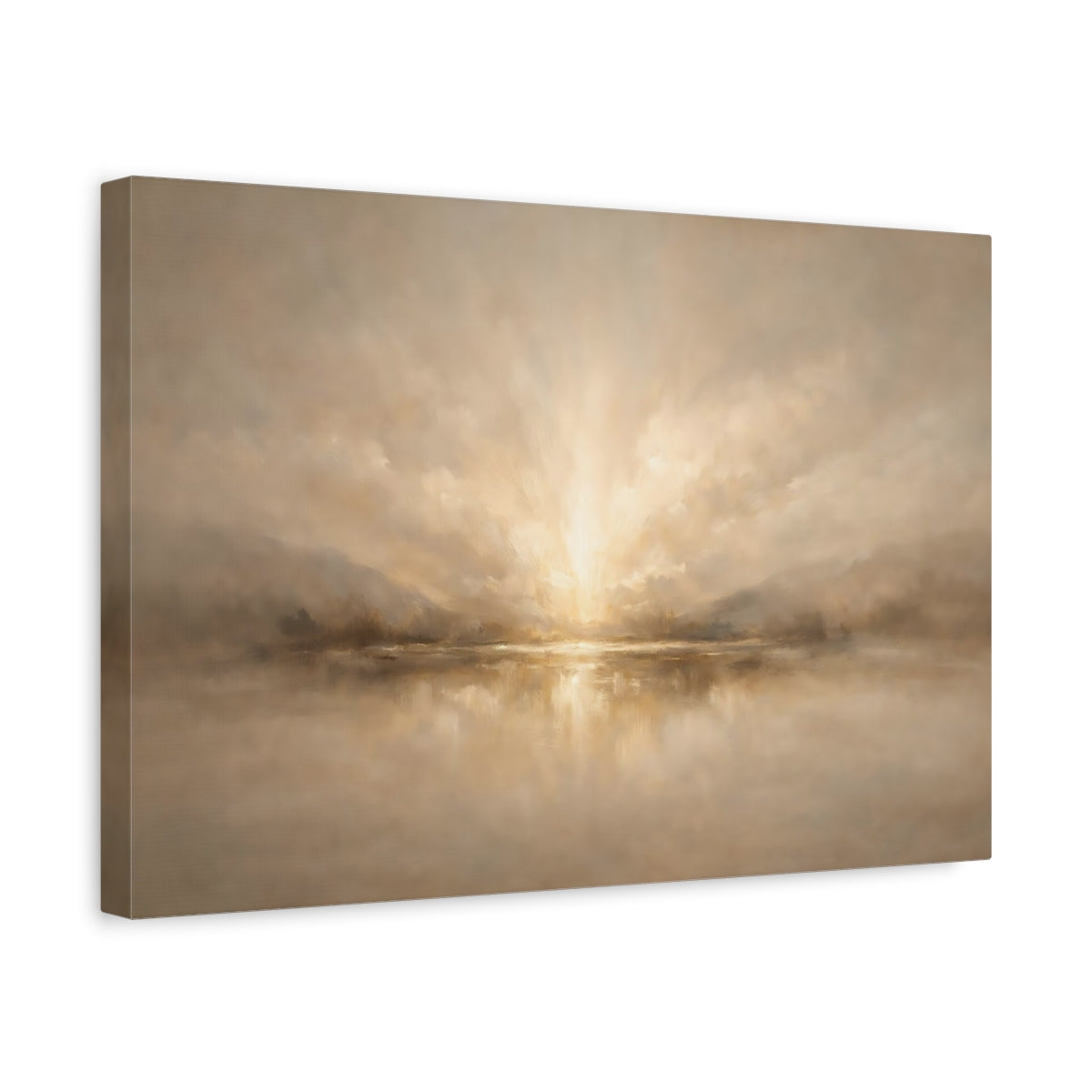 Side Mockup 4. Nature Lake Sunset Warm Neutral Landscape shown as stretched canvas wall art