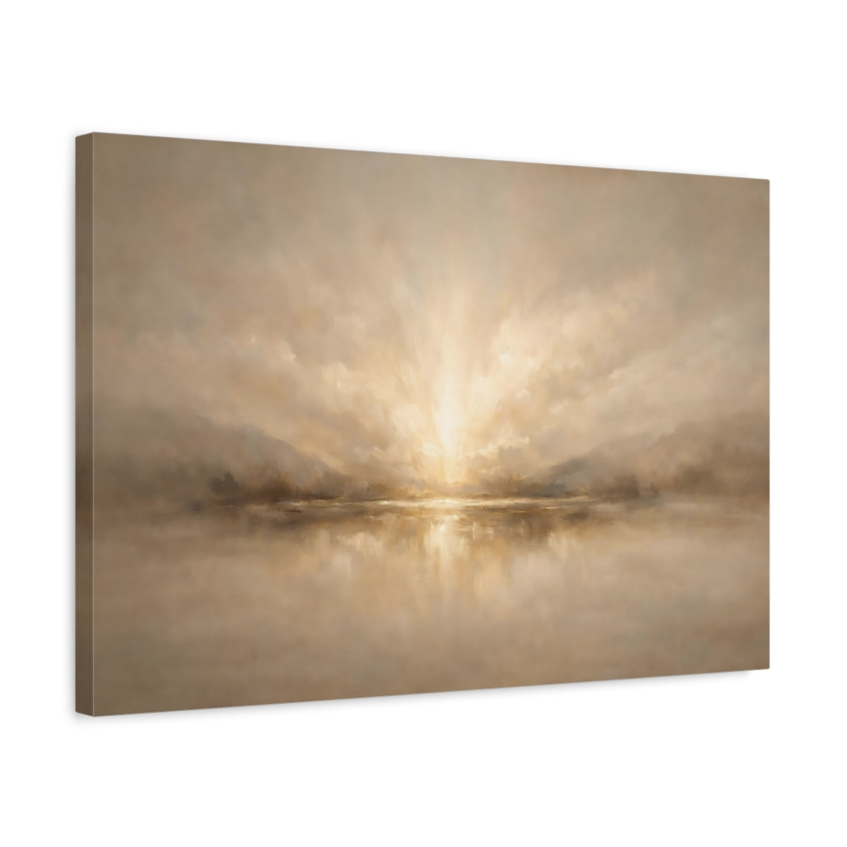 Side Mockup 3. Nature Lake Sunset Warm Neutral Landscape shown as stretched canvas wall art