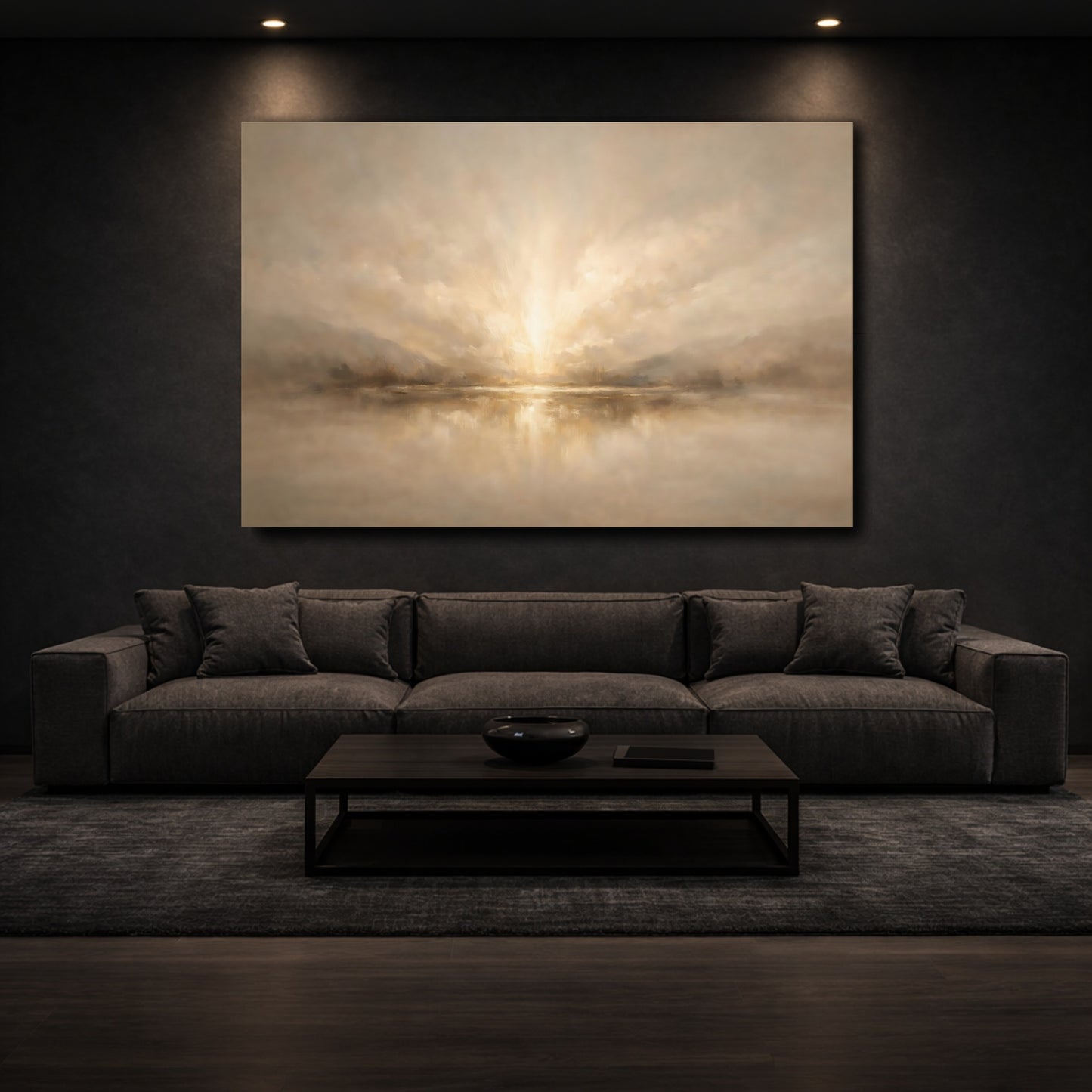 Mockup 2. Nature Lake Sunset Warm Neutral Landscape shown as stretched canvas wall art