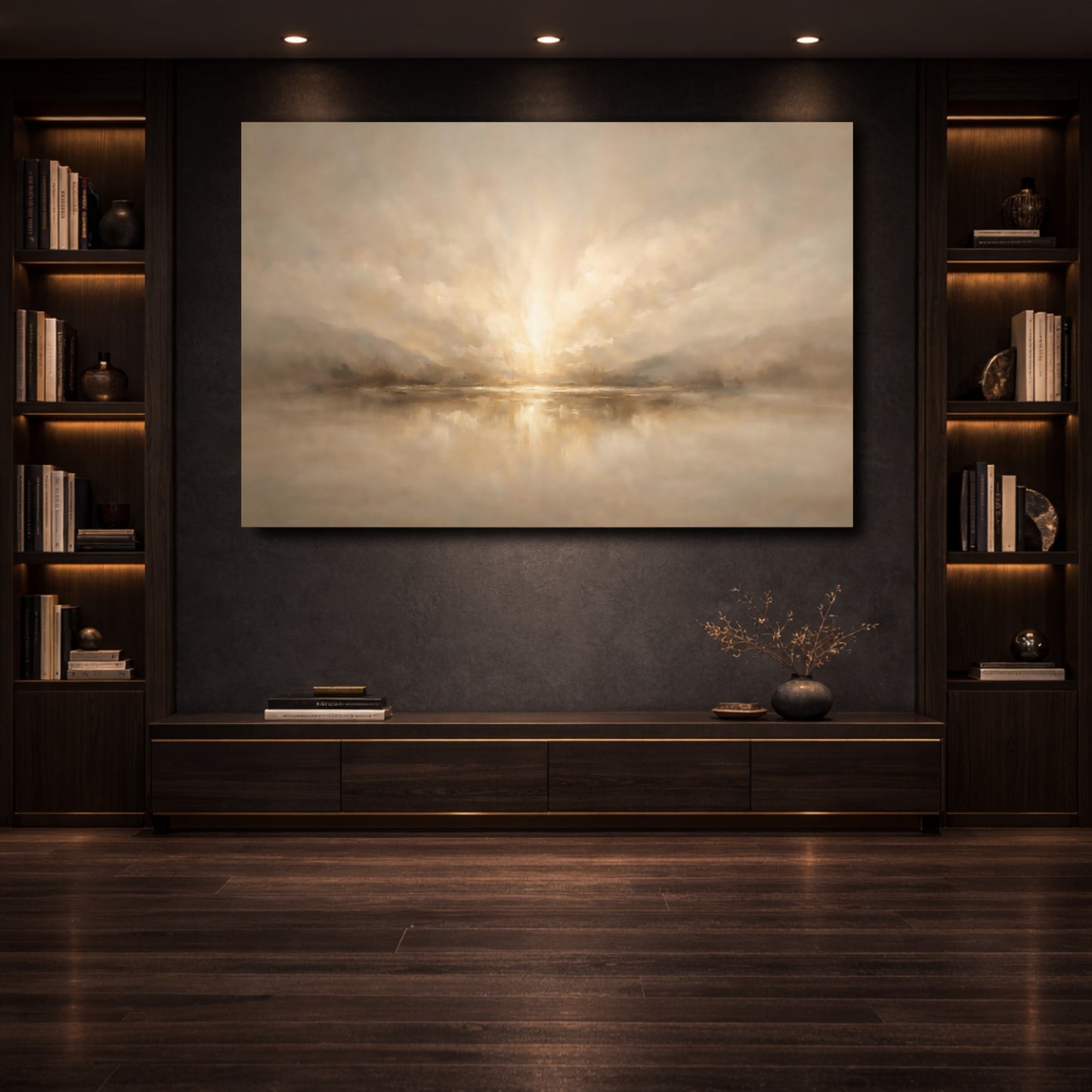 Mockup 3. Nature Lake Sunset Warm Neutral Landscape shown as stretched canvas wall art