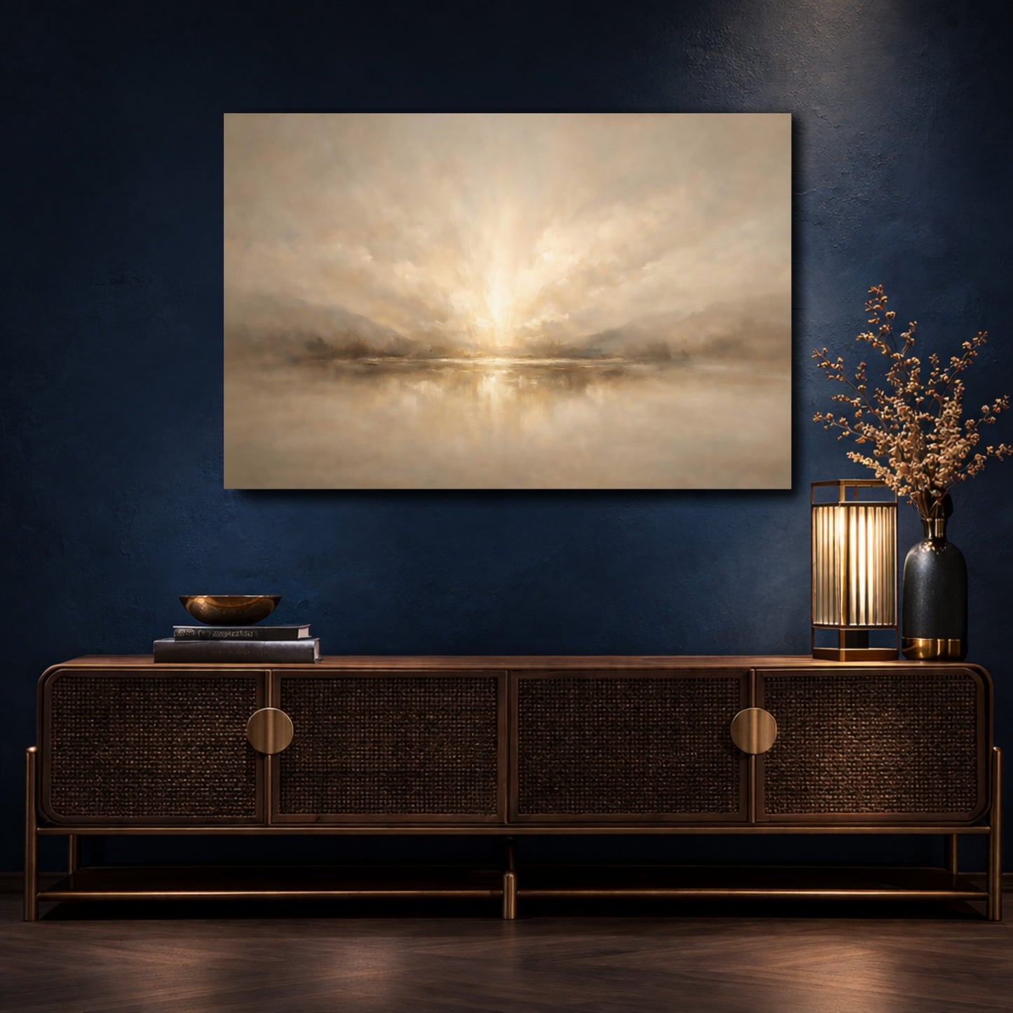 Mockup 4. Nature Lake Sunset Warm Neutral Landscape shown as stretched canvas wall art