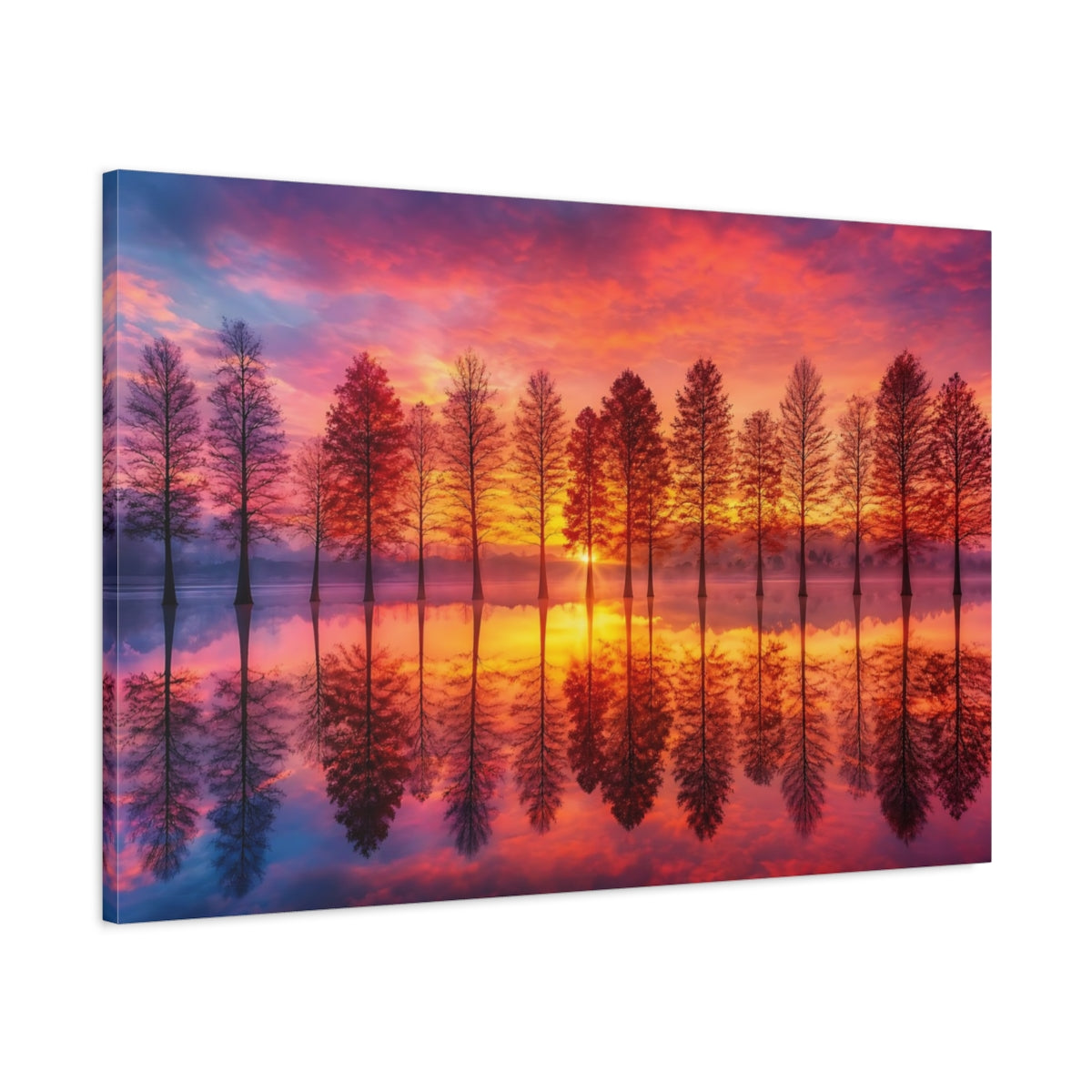 Main Mockup. Nature Lake Trees Orange And Pink shown as stretched canvas wall art