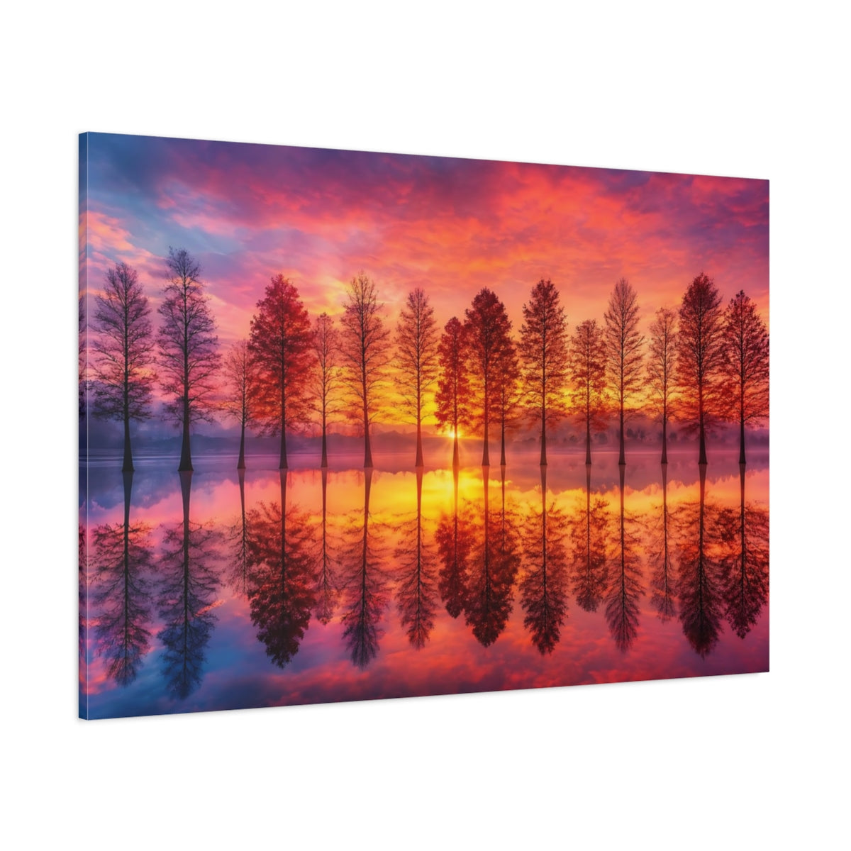Side Mockup 1. Nature Lake Trees Orange And Pink shown as stretched canvas wall art