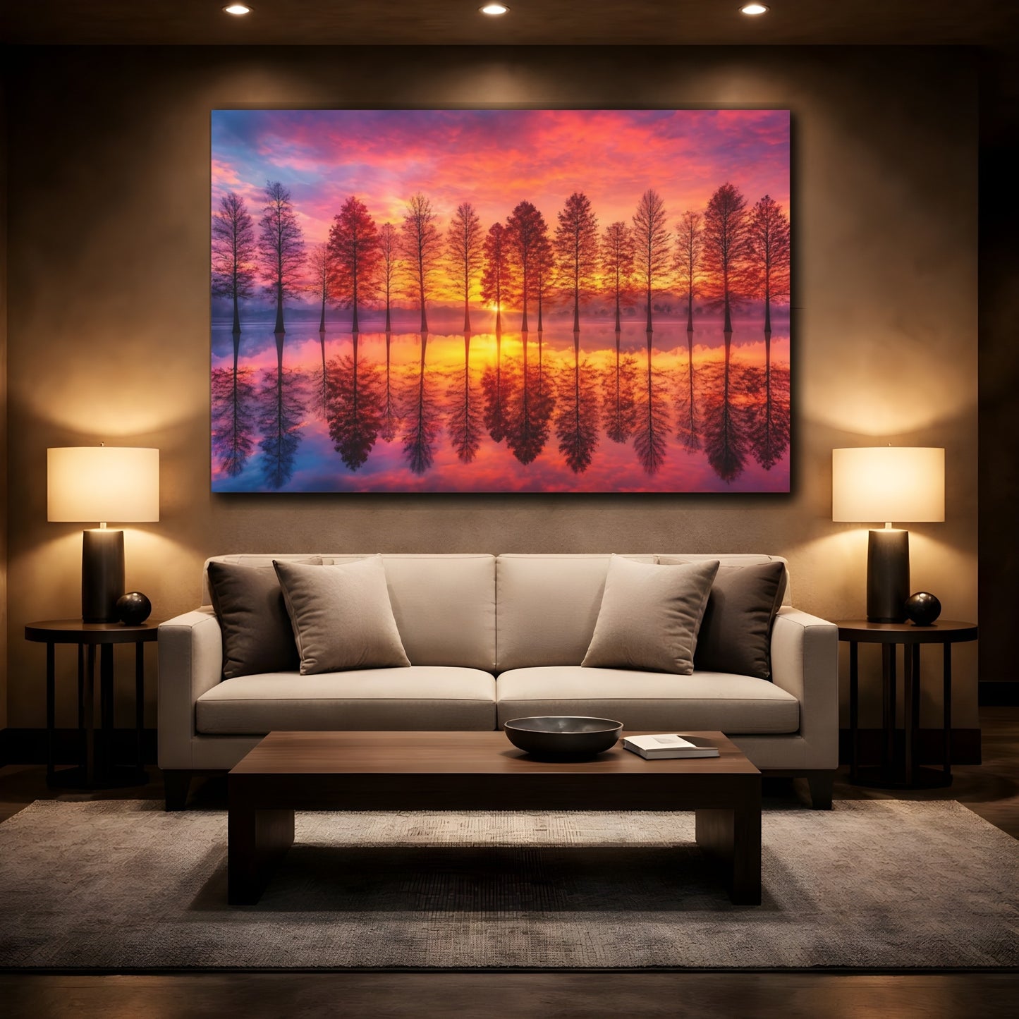 Mockup 2. Nature Lake Trees Orange And Pink shown as stretched canvas wall art
