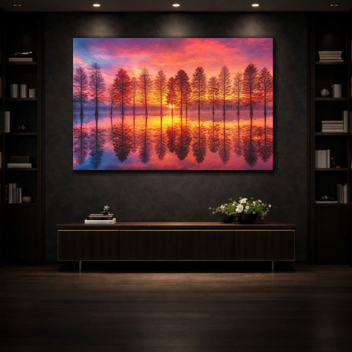 Mockup 3. Nature Lake Trees Orange And Pink shown as stretched canvas wall art