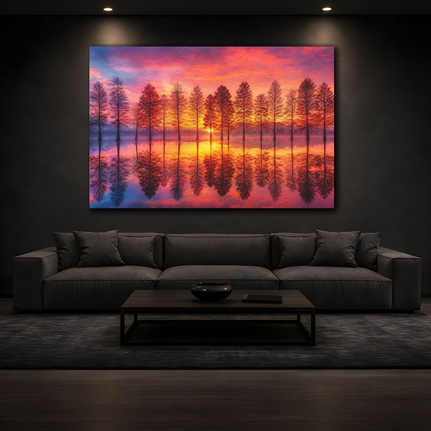 Mockup 4. Nature Lake Trees Orange And Pink shown as stretched canvas wall art