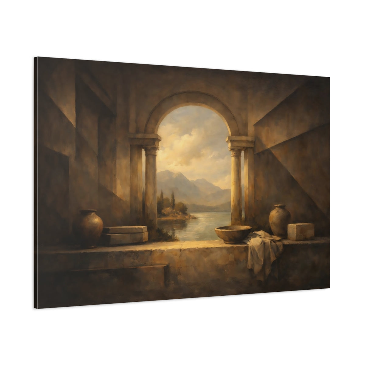 Main Mockup. Nature Lake View Brown And Gold shown as stretched canvas wall art