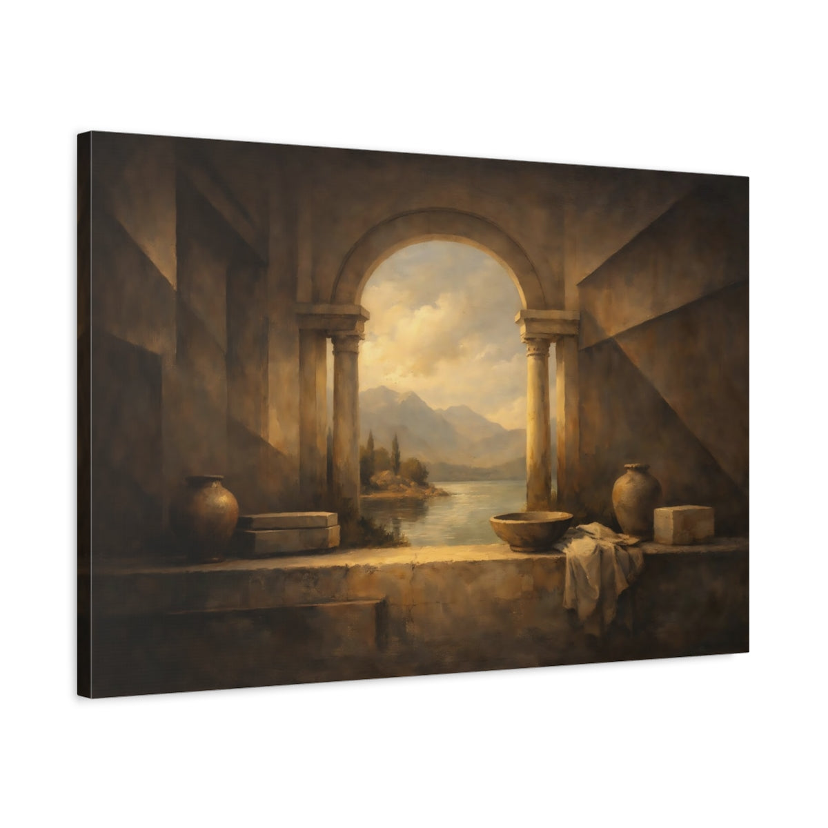 Side Mockup 2. Nature Lake View Brown And Gold shown as stretched canvas wall art