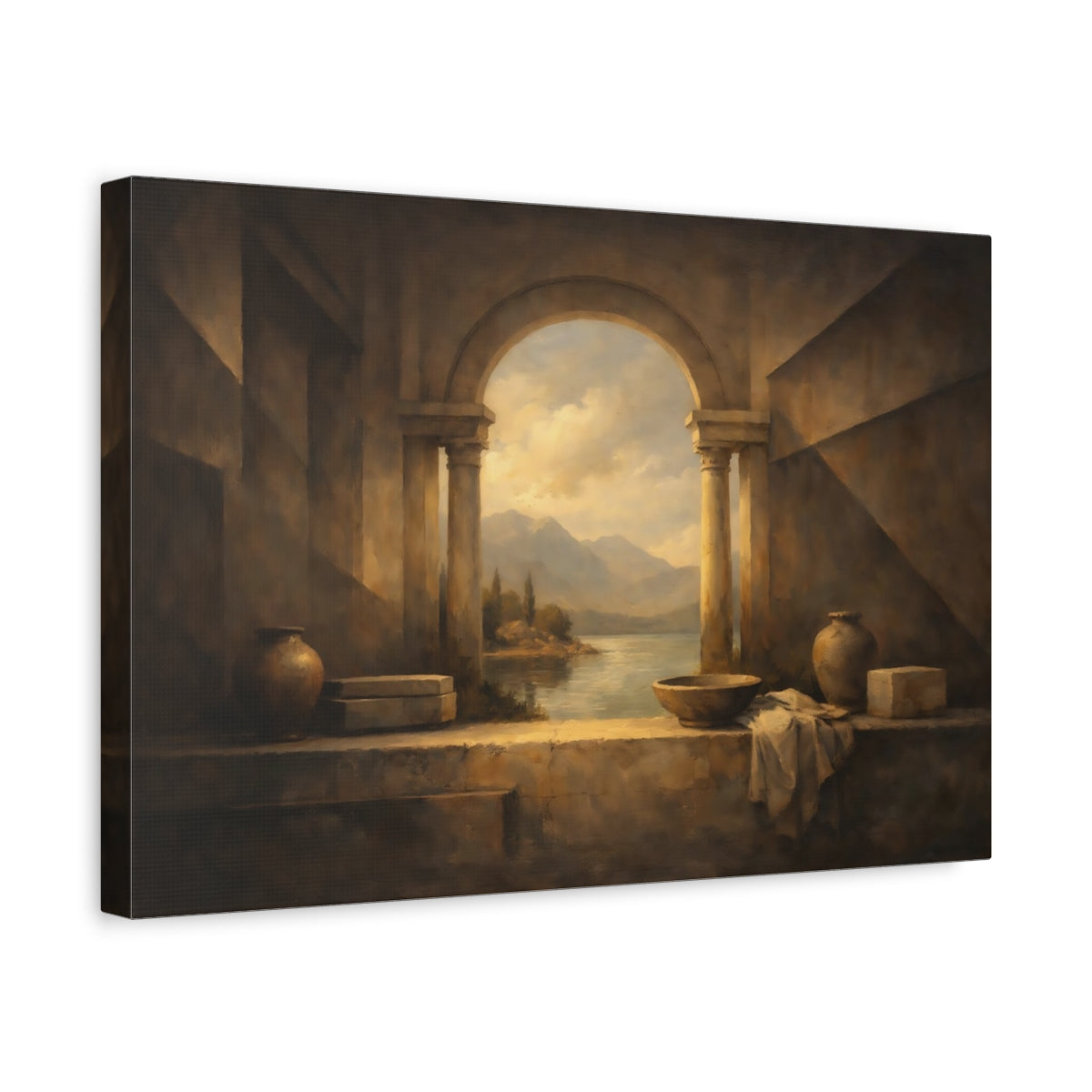 Side Mockup 4. Nature Lake View Brown And Gold shown as stretched canvas wall art