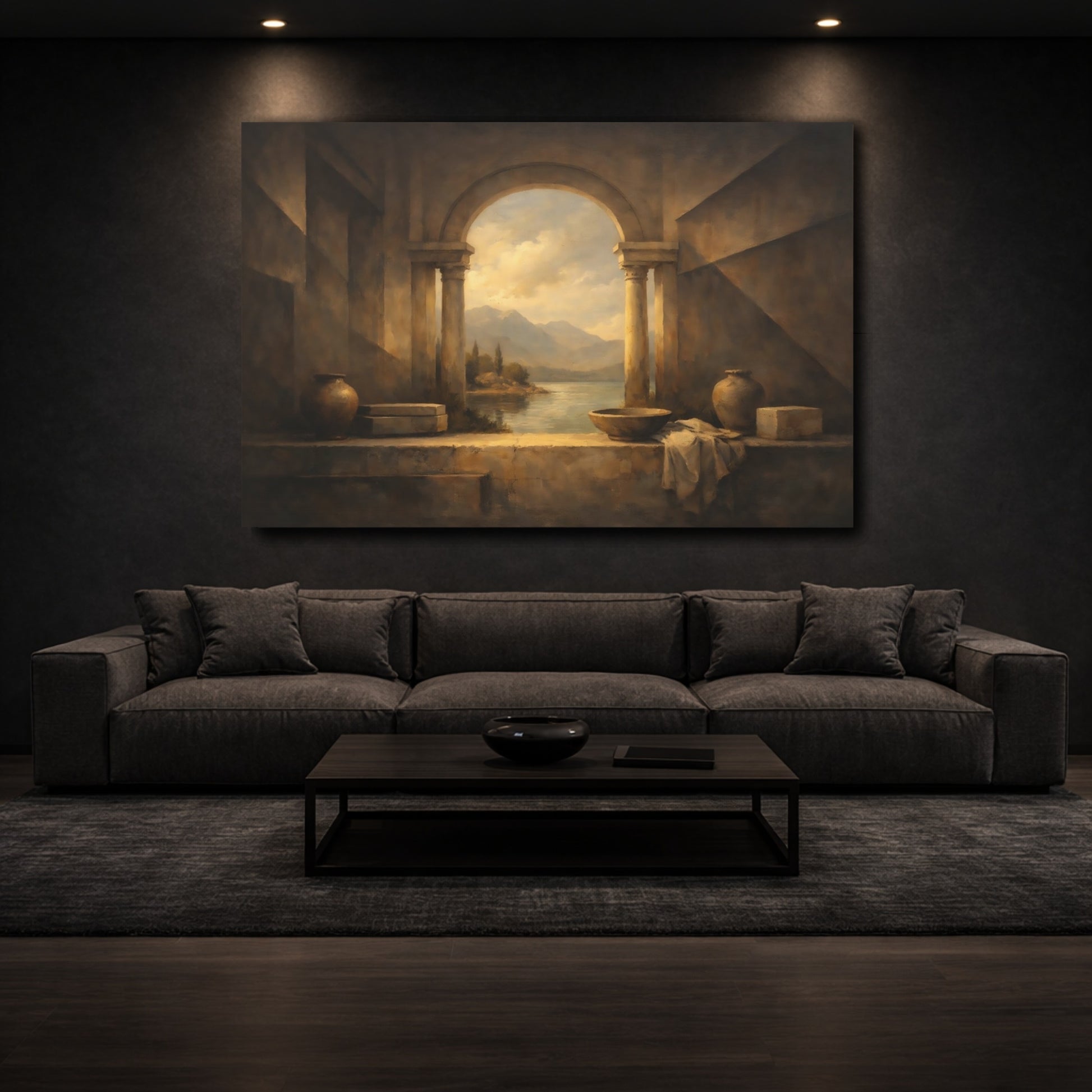 Mockup 2. Nature Lake View Brown And Gold shown as stretched canvas wall art