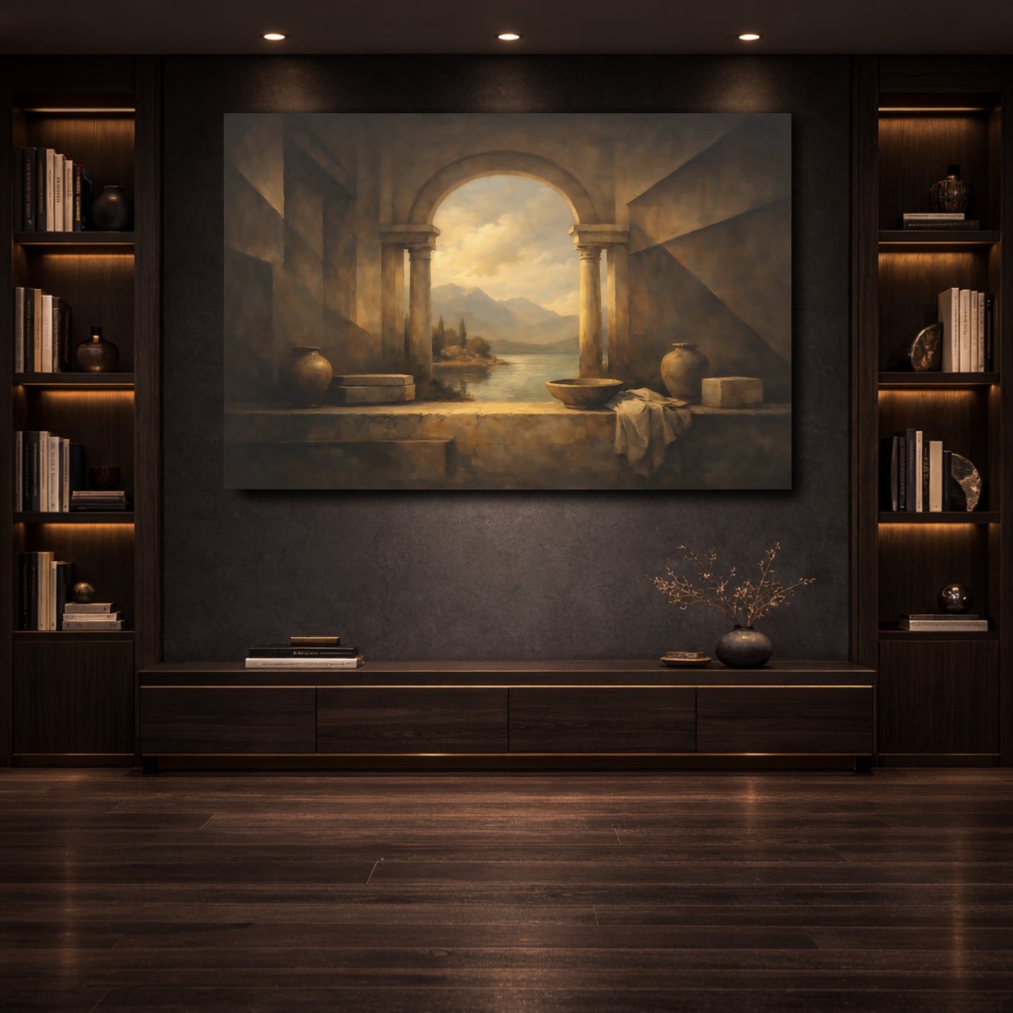 Mockup 3. Nature Lake View Brown And Gold shown as stretched canvas wall art