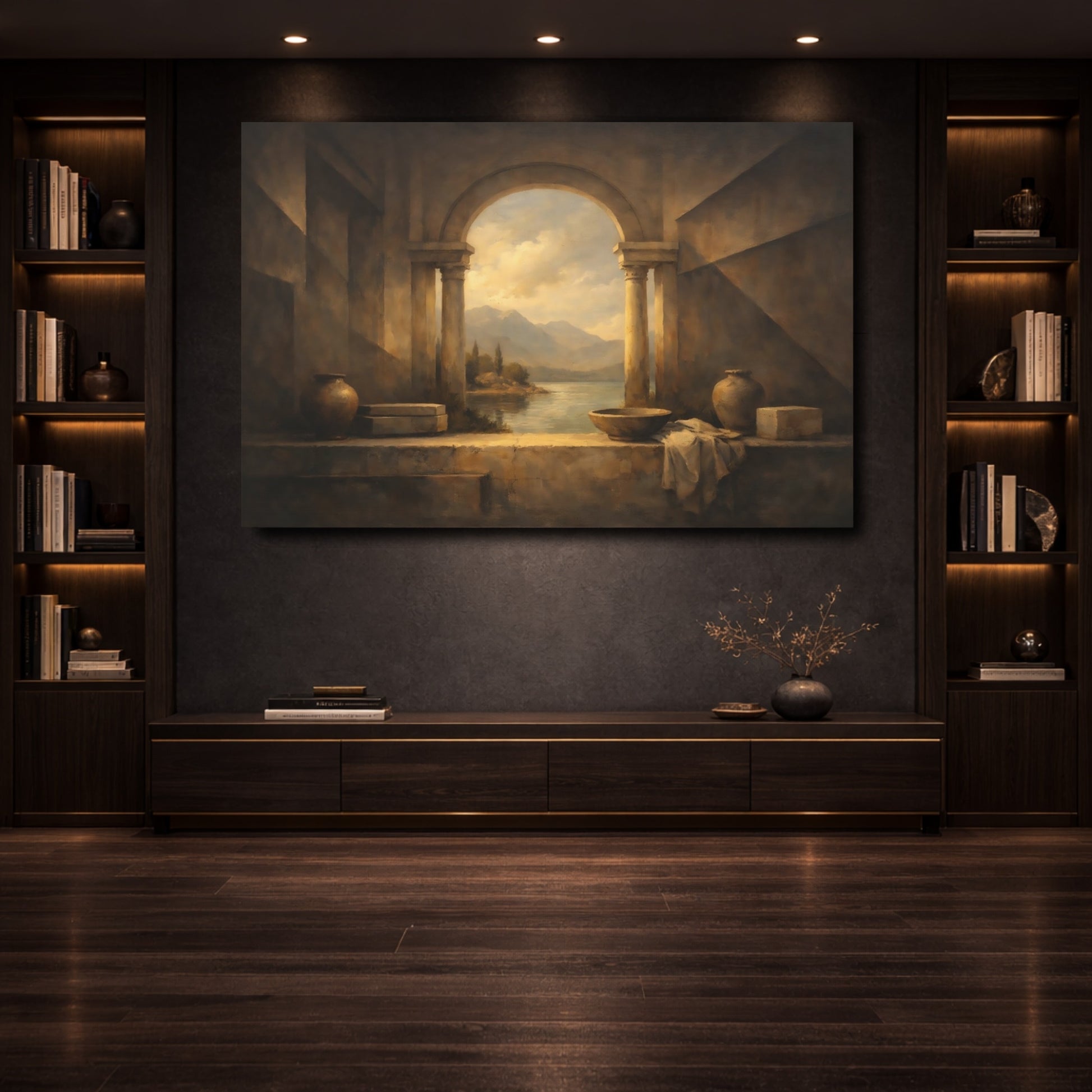 Mockup 3. Nature Lake View Brown And Gold shown as stretched canvas wall art