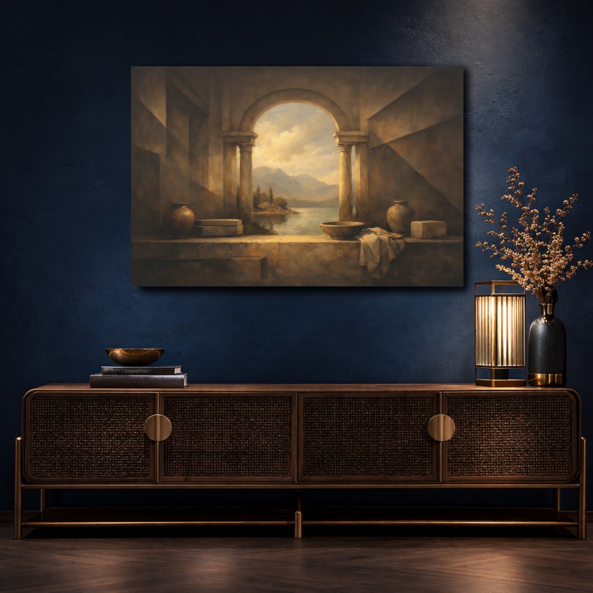 Mockup 4. Nature Lake View Brown And Gold shown as stretched canvas wall art