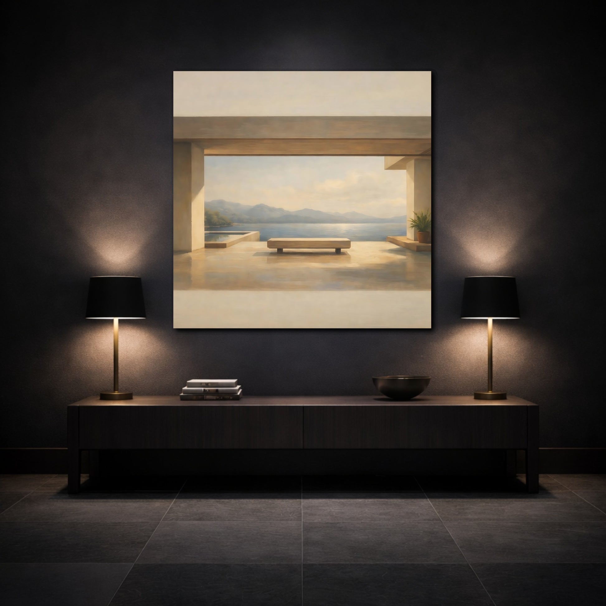 Mockup 3. Nature Lake View Lake Mountain View shown as stretched canvas wall art